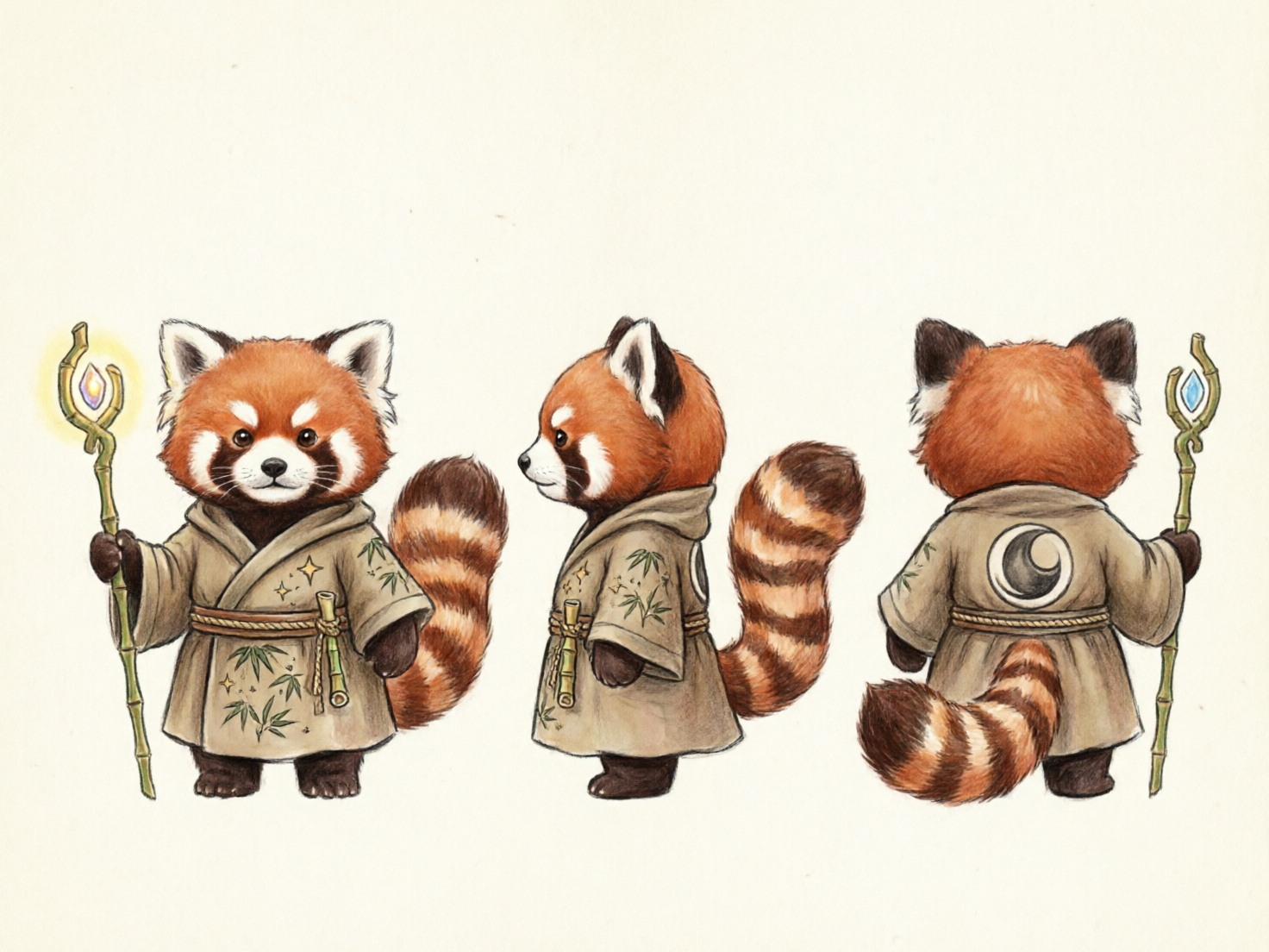 图中展示了一张角色设计三视图，主角是一只拟人化的小熊猫法师。背景为干净的米白色，呈现出细腻的手绘水彩质感。小熊猫拥有红褐色的毛发、标志性的白色面部花纹和粗壮的环状条纹尾巴。它身穿一件浅棕色的交领长袍，袍子上点缀着竹叶图案，腰间系着草绳，并挂着一截小竹筒。它手中握着一根由竹节制成的法杖，顶端镶嵌着发光的晶石。画面从左至右分别为正面、侧面和背面视角。

在 AI 生成的细节方面存在一些逻辑缺陷：首先，法杖顶部的晶石在正面和背面视角中颜色不一致，正面呈紫色带黄光，背面则变成了蓝色。其次，小熊猫的尾巴在三个视角中的位置和弯曲逻辑略显混乱，尤其是背面视角中，尾巴似乎直接从长袍后方穿出，缺乏合理的身体连接结构。此外，正面视角中法杖的竹节纹理在手握处显得有些扭曲，与整体线条略有脱节。