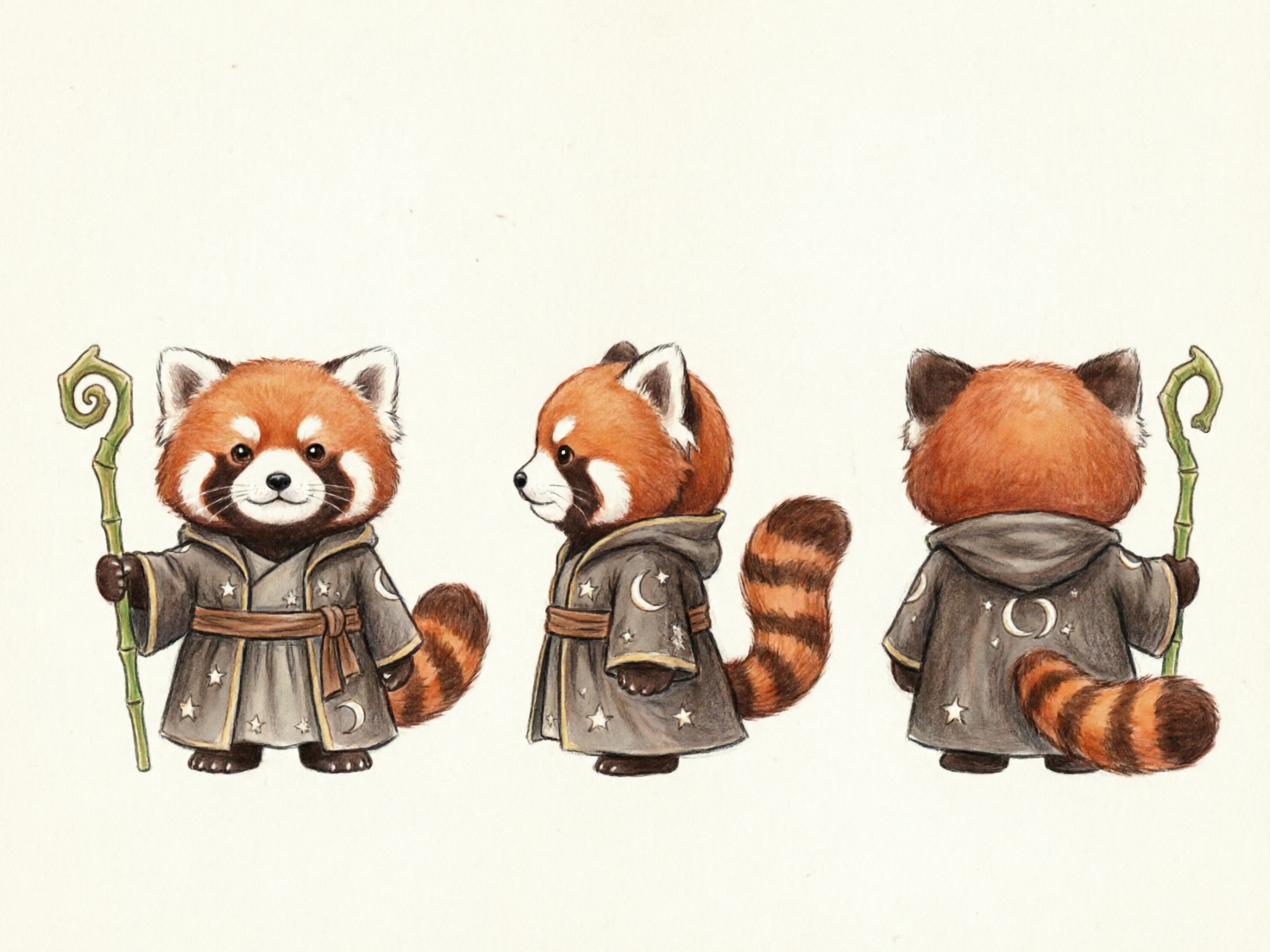 图中展示了一只可爱的小熊猫法师的角色设计三视图，背景为纯净的米白色。这只小熊猫拥有红褐色的毛发、标志性的环状花纹大尾巴和白色的眉斑。它穿着一件深灰色的连帽法师长袍，袍子上点缀着银色的星星和月亮图案，腰间系着棕色绳带。从左至右，分别展示了它的正面、侧面和背面。在正面和背面视图中，它手持一根顶端带有螺旋装饰的绿色竹节法杖。画风呈现出细腻的手绘质感，色彩柔和温暖。

画面中存在一些明显的 AI 生成缺陷：首先是法杖的一致性问题，正面视图中法杖位于小熊猫右侧，而背面视图中法杖却出现在左侧，且顶部的螺旋方向发生了变化；其次，侧面视图中小熊猫的手部消失在了袖口中，且没有握住法杖；最后，长袍上的星星和月亮图案在三个角度下的位置分布并不完全对应，存在逻辑上的不连贯。