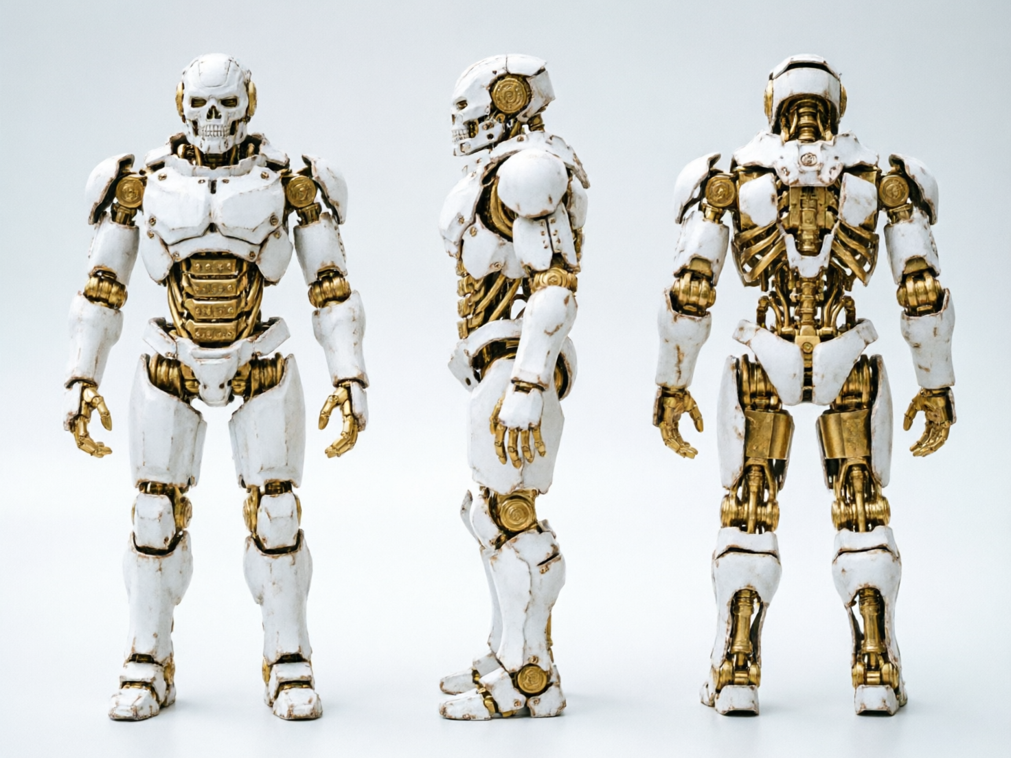 画面中展示了一个具有骷髅特征的机械人偶，以正面、侧面和背面的三视图形式排列在纯白色背景下。该机械人采用白、金双色设计，外层覆盖着带有磨损和锈迹的白色装甲，内部则露出精密的金色金属骨架、齿轮和管道。其头部设计酷似人类头骨，拥有深陷的眼窝和整齐的牙齿，整体风格融合了科幻与哥特美学。构图整洁，光影均匀，呈现出一种模型展示的质感。

在 AI 生成缺陷方面，画面存在明显的逻辑错误：首先是手部结构异常，正面视图中机械人的手指数量和关节连接显得混乱，侧面视图的手指则呈现出不自然的扭曲；其次，三视图之间的细节并不完全对应，例如背面视图中的腿部金色关节分布与正面视图存在差异；此外，部分金色管道的连接处缺乏合理的物理支撑，显得有些漂浮或模糊。