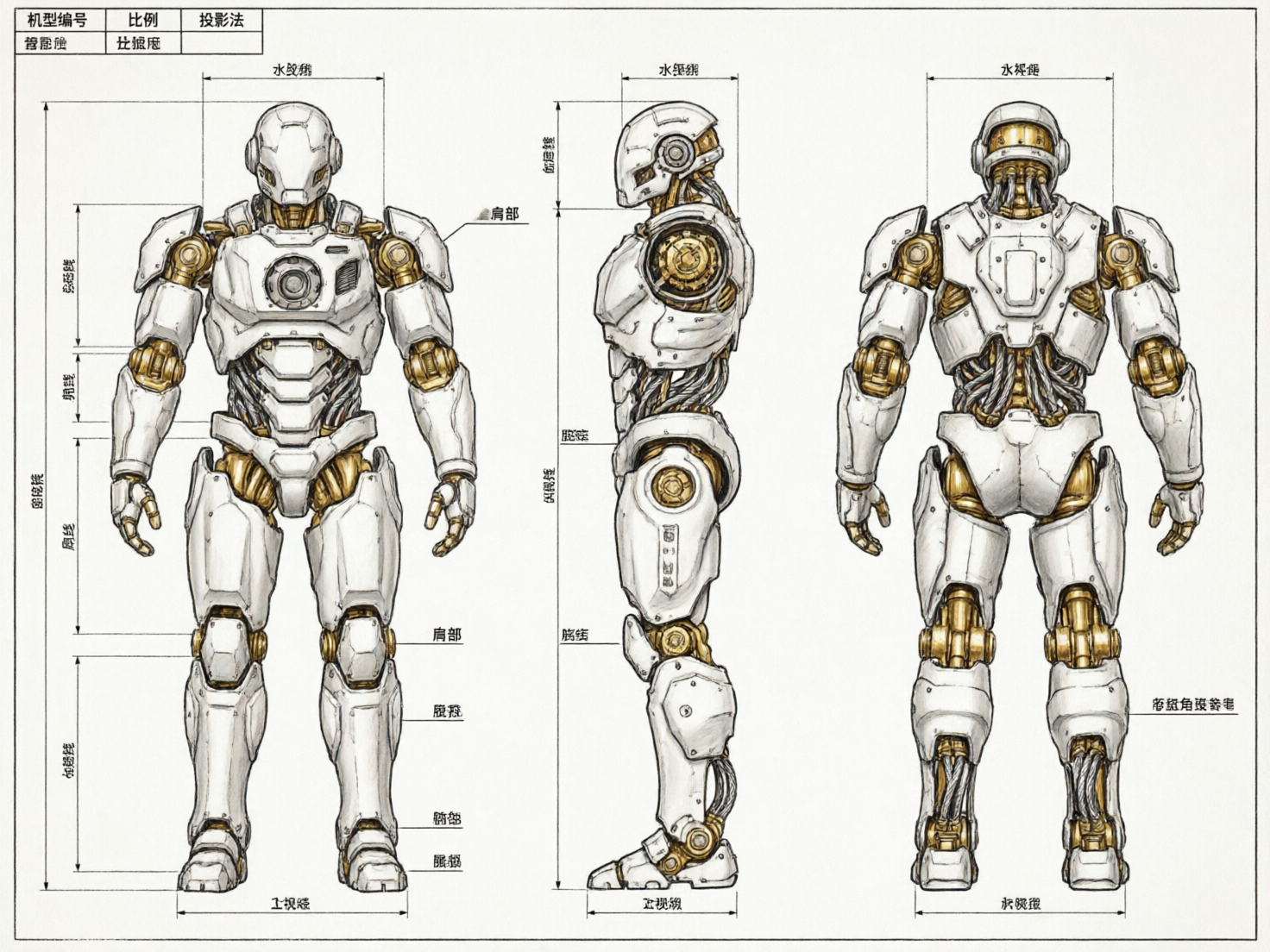 图中展示了一张类人型机器人的设计草图，背景为带有浅灰色纹理的纸张，整体呈现出一种工业技术图纸的风格。画面中从左至右分别排列着机器人的正面、侧面和背面三个视角。机器人全身覆盖着白色的外壳装甲，关节和内部机械结构则显露出金色的金属质感和密集的灰色电缆。设计风格融合了科幻感与复古工业感。

画面中存在明显的 AI 生成缺陷，主要体现在文字和细节逻辑上。图纸上方和四周分布着大量的标注线和文字标签，但这些文字均为无法辨认的乱码或扭曲的伪汉字，完全不具备实际含义。此外，机器人的手部结构模糊且不协调，手指的数量和形状在不同视角下难以对应。标注线与躯干的连接点也显得随意，部分线条直接穿过肢体或悬空，缺乏严谨的机械制图逻辑。尽管构图整齐，但这些细节揭示了其作为 AI 生成图像的非真实性。