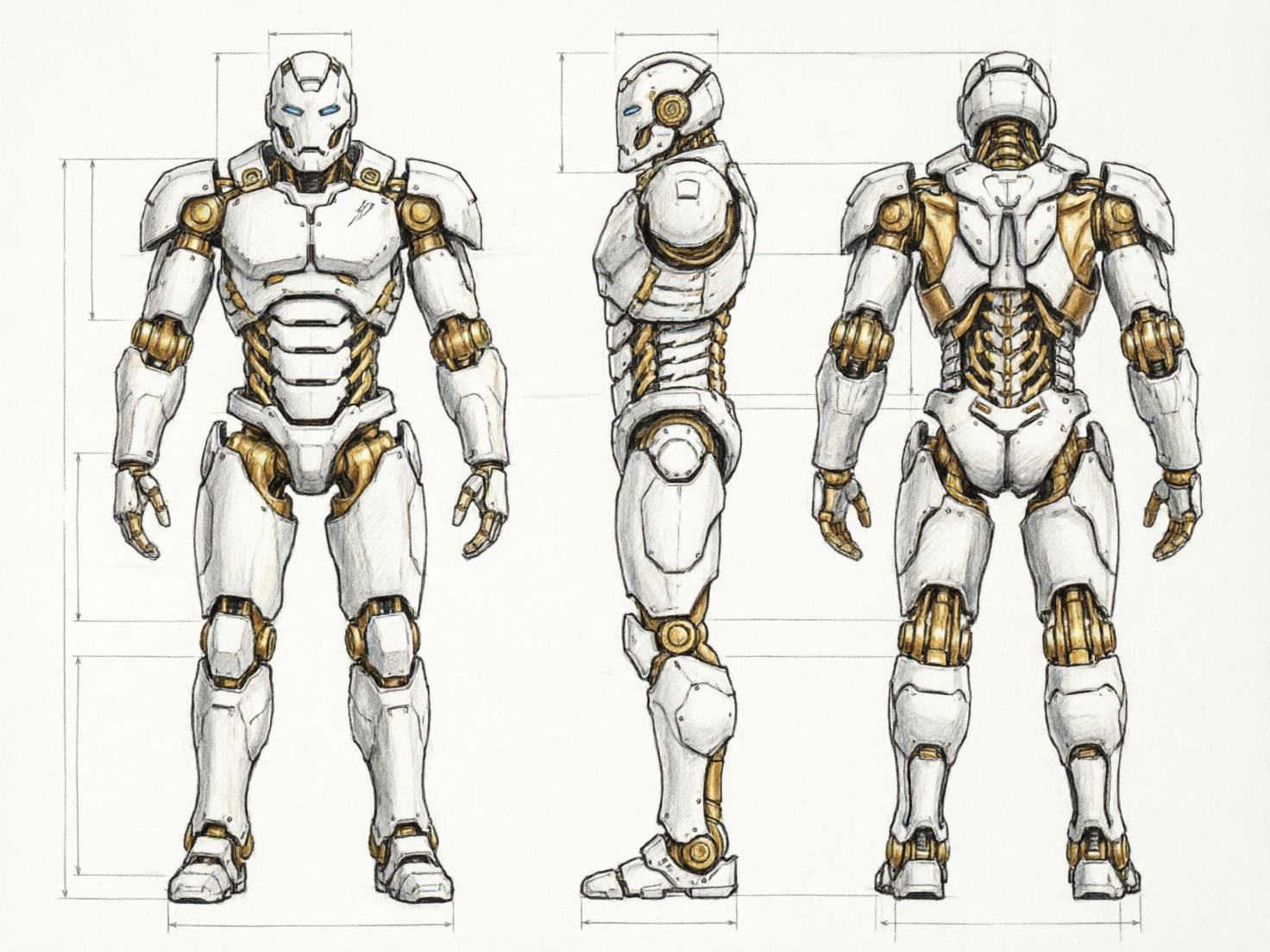 图中展示了一张类人机甲角色的设计草图，风格类似于手绘的工业技术图纸。画面以米白色为背景，从正面、侧面和背面三个角度展示了一套白金配色的机械装甲。装甲主体为白色，关节和内部机械结构则呈现为亮金色，双眼散发出淡蓝色的微光。构图整齐，人物周围分布着细长的标注线，模拟出工程制图的严谨感。

然而，画面中存在明显的 AI 生成缺陷：首先是手部结构异常，正面视角下的右手手指数量模糊且比例失调，侧面视角的指尖形状扭曲。其次，背景中的标注线逻辑混乱，线条虽然穿插在机甲周围，但并没有实际的测量数值，且部分线条在连接处出现了断裂或无意义的延伸。此外，机甲背部的金色脊柱结构在细节上缺乏左右对称性，部分机械零件的边缘呈现出不自然的晕染感，未能完全达到真实手绘或精确建模的细腻程度。