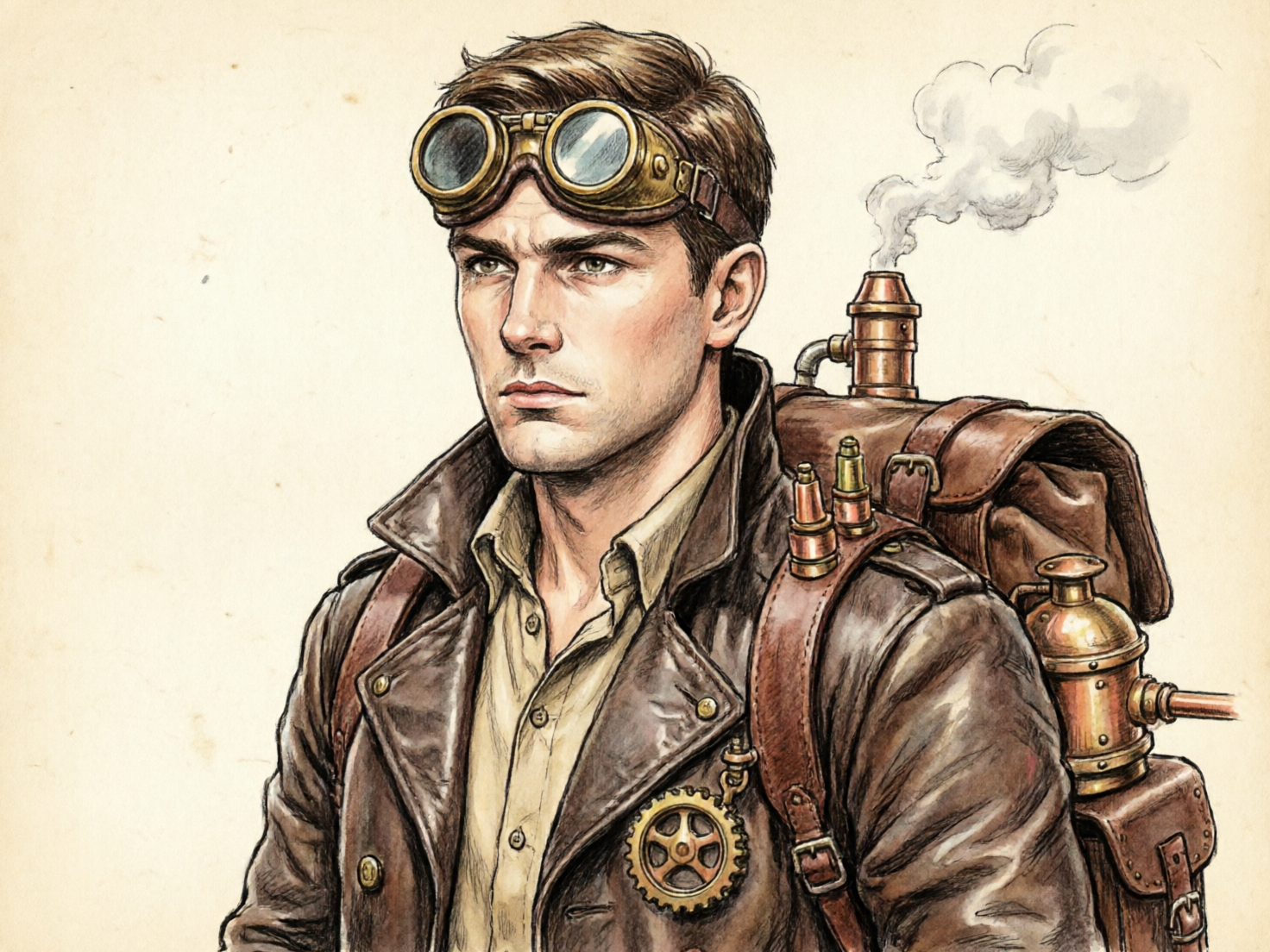 图中展现了一幅具有蒸汽朋克风格的男性半身肖像画，采用复古的水彩素描风格，背景是带有斑点的米黄色旧纸张质感。画面中心是一位面容坚毅、拥有棕色短发的年轻男子，他侧身站立，目光看向左前方。他头戴一副黄铜边框的飞行护目镜，身穿深棕色皮夹克和浅色衬衫，胸前挂着一个精致的齿轮装饰。他背着一个复杂的皮革背包，上面装有冒着白烟的黄铜蒸汽管道和金属容器，充满了机械感。整体色调以棕褐、古铜和米色为主，笔触细腻。在 AI 生成的细节方面，存在一些逻辑缺陷：男子右肩上的背包带与夹克领口的穿插关系显得模糊且不自然；背包左侧冒出的白烟与背景的融合略显生硬；此外，夹克上的扣眼与扣子的位置分布不够对称，体现了典型的 AI 绘图特征。