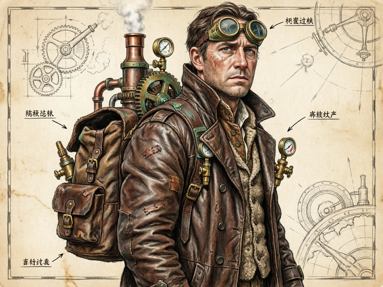 图中展现了一位具有蒸汽朋克风格的中年男性冒险家，他侧身站立，神情严肃。他穿着一件带有补丁的深棕色做旧皮大衣，内搭毛绒背心，额头上架着一副黄铜边框的防风护目镜。他的背上背着一个巨大的皮革背包，包上连接着复杂的蒸汽装置，包括冒着白烟的铜管、齿轮和压力表。背景是泛黄的羊皮纸质感，绘有精密的机械齿轮和经纬线草图，整体色调以古朴的棕色、古铜色和米色为主。画面中存在明显的 AI 生成缺陷：背景和人物周围分布着多处指向性箭头和文字标注，但这些文字均为无法辨认的乱码或扭曲的伪汉字，完全不具备实际含义。此外，男子左侧肩膀处的机械结构与背包的连接逻辑较为模糊，部分线条显得杂乱且不符合物理透视。