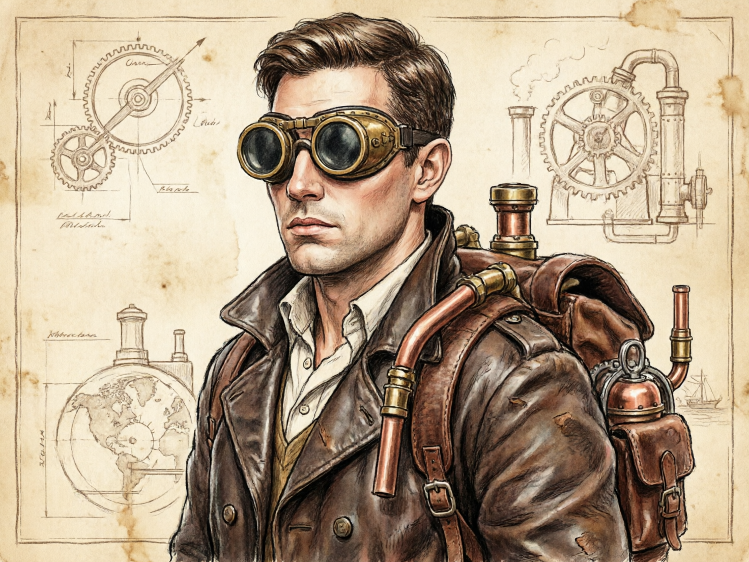 画面中呈现了一幅复古蒸汽朋克风格的半身肖像画。一位面容冷峻的年轻男子占据画面中心，他留着整洁的棕色短发，额头上戴着一副巨大的金色边框防风护目镜，镜片呈深黑色。他穿着一件深褐色的皮质大衣，内搭浅色衬衫和马甲，背着一个复杂的皮革背包，上面连接着黄铜管道和压力容器。背景是泛黄的旧纸张质感，绘有齿轮、机械装置和地球仪的工程草图。整体色调以古铜色、褐色和米色为主，展现出一种工业革命时期的科幻感。画面存在明显的 AI 生成缺陷：背景草图中的文字均为无意义的乱码线条；男子右肩处延伸出的铜管末端悬空，没有合理的物理支撑或连接点；背包上的金属零件结构含混，缺乏实际的机械逻辑。此外，大衣领口的线条与内层衣物的衔接略显生硬。