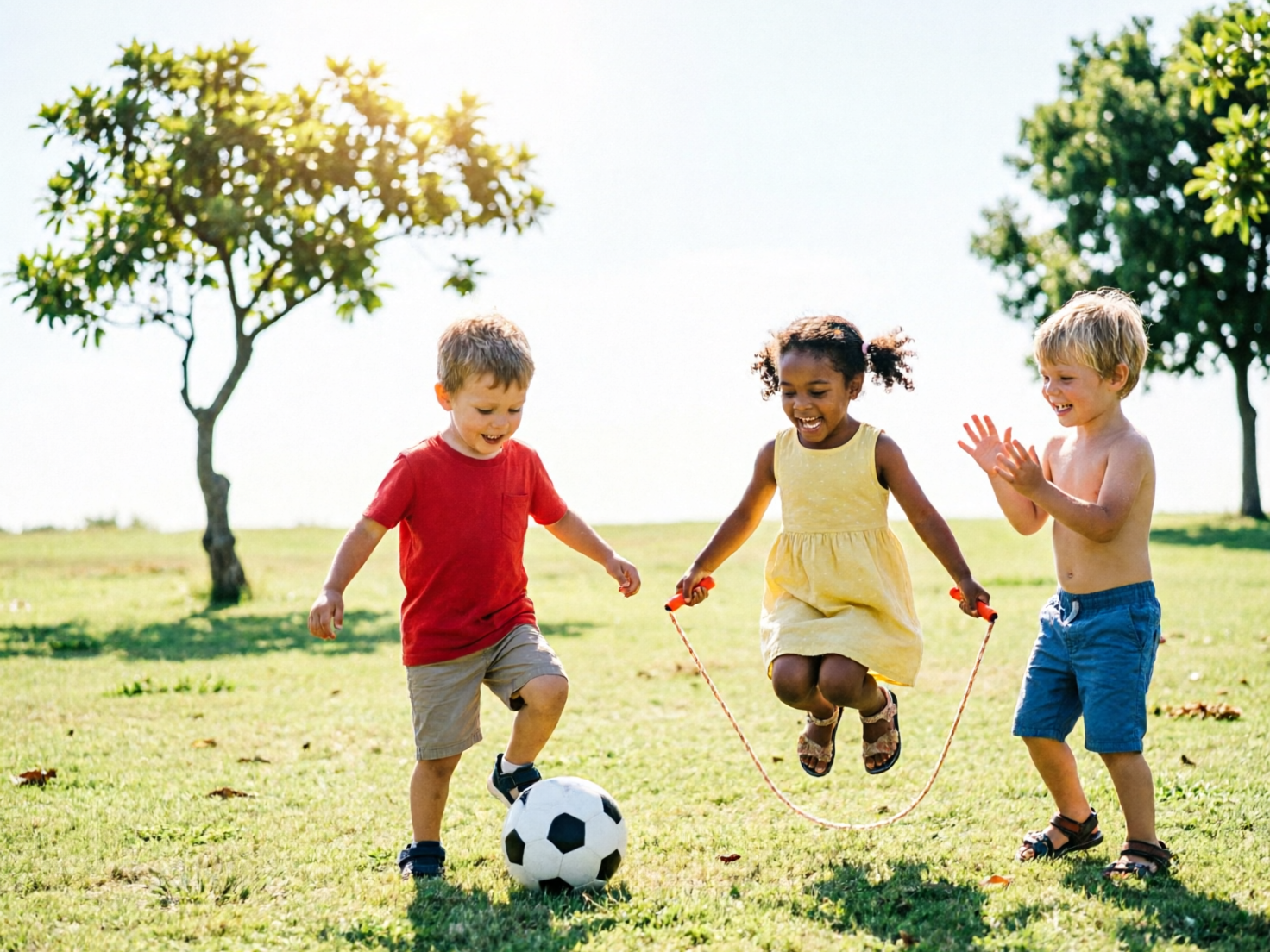图中展示了一个充满阳光的户外草坪场景，三名年幼的孩子正在欢快地玩耍。左侧的小男孩穿着红色短袖和卡其色短裤，正低头踢着一个黑白相间的足球；中间的小女孩扎着双马尾，穿着黄色无袖连衣裙，正跳起在半空中练习跳绳；右侧的小男孩赤裸上身，穿着蓝色短裤，正笑着鼓掌。背景是绿色的草地和两棵枝繁叶茂的大树，阳光从左上方洒下，整体色调明亮温暖。

然而，画面中存在多处明显的 AI 生成缺陷：中间女孩手中的跳绳线条逻辑混乱，绳子并没有穿过手柄，而是直接连接在手柄末端，且绳索在空中呈现出不自然的断裂和扭曲感；左侧踢球男孩的左脚脚踝处结构模糊，与足球的接触位置透视异常；右侧鼓掌男孩的手指细节模糊且数量模糊，脚下的凉鞋带子也与脚部皮肤融合在一起，缺乏真实的物理结构。