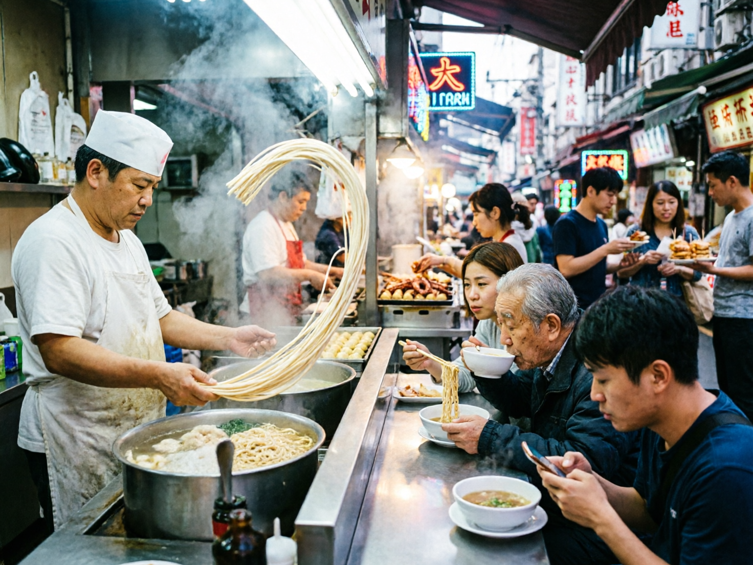 图中展示了一个热闹的亚洲夜市面馆摊位。左侧一位戴着白色厨师帽、身穿白色围裙的中年厨师正在大锅前拉面，面条在空中划出一道夸张的弧线。摊位右侧紧凑地坐着几位食客，包括一名正在喝汤的老年男子和一名看手机的年轻人。背景是灯火通明的街道，挂满了带有汉字和霓虹灯的招牌，充满了烟火气。画面色调温暖，充满了蒸汽升腾的质感。

然而，画面中存在明显的 AI 生成缺陷：最显著的是厨师手中的面条，它们并没有连接在面团或锅里，而是像一捆悬浮的木棍或塑料管一样在空中扭曲，完全违背物理常识。厨师的左手手指模糊且融合在一起。右侧食客手中拿的筷子与面条的衔接非常生硬，背景中霓虹灯牌上的文字大多是无法辨认的乱码。此外，背景人物的手部动作和持物姿势也显得模糊且不自然。
