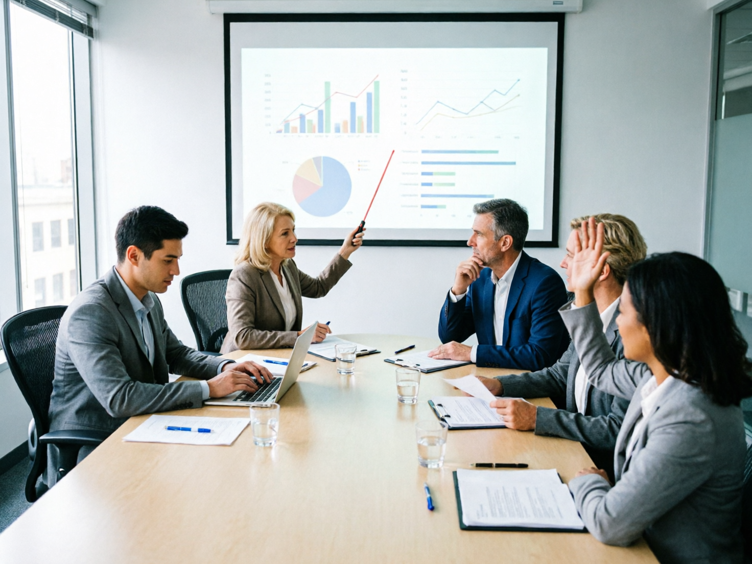 图中展示了一个现代化的办公会议场景，五位穿着职业西装的男女正围坐在浅木色的长形会议桌旁。画面中心，一位金发女性正手持红色指示棒，指向背景投影幕布上的彩色数据图表。桌面上散布着笔记本电脑、文件资料、笔和水杯，整体色调明亮且专业。

然而，画面中存在多处明显的 AI 生成缺陷。最显著的问题在于人物的手部：右侧举手提问的女性，其右手手指数量异常且扭曲，呈现出一种不自然的丛生感；左侧操作电脑的男性，其左手手指也显得模糊且比例失调。此外，投影幕布上的图表文字和数字均为无法辨认的乱码，缺乏逻辑性。会议桌上的水杯投影和光影处理也略显生硬，部分物体的边缘与背景融合得不够自然。尽管构图呈现出积极讨论的氛围，但这些细节处的畸变揭示了其 AI 生成的本质。