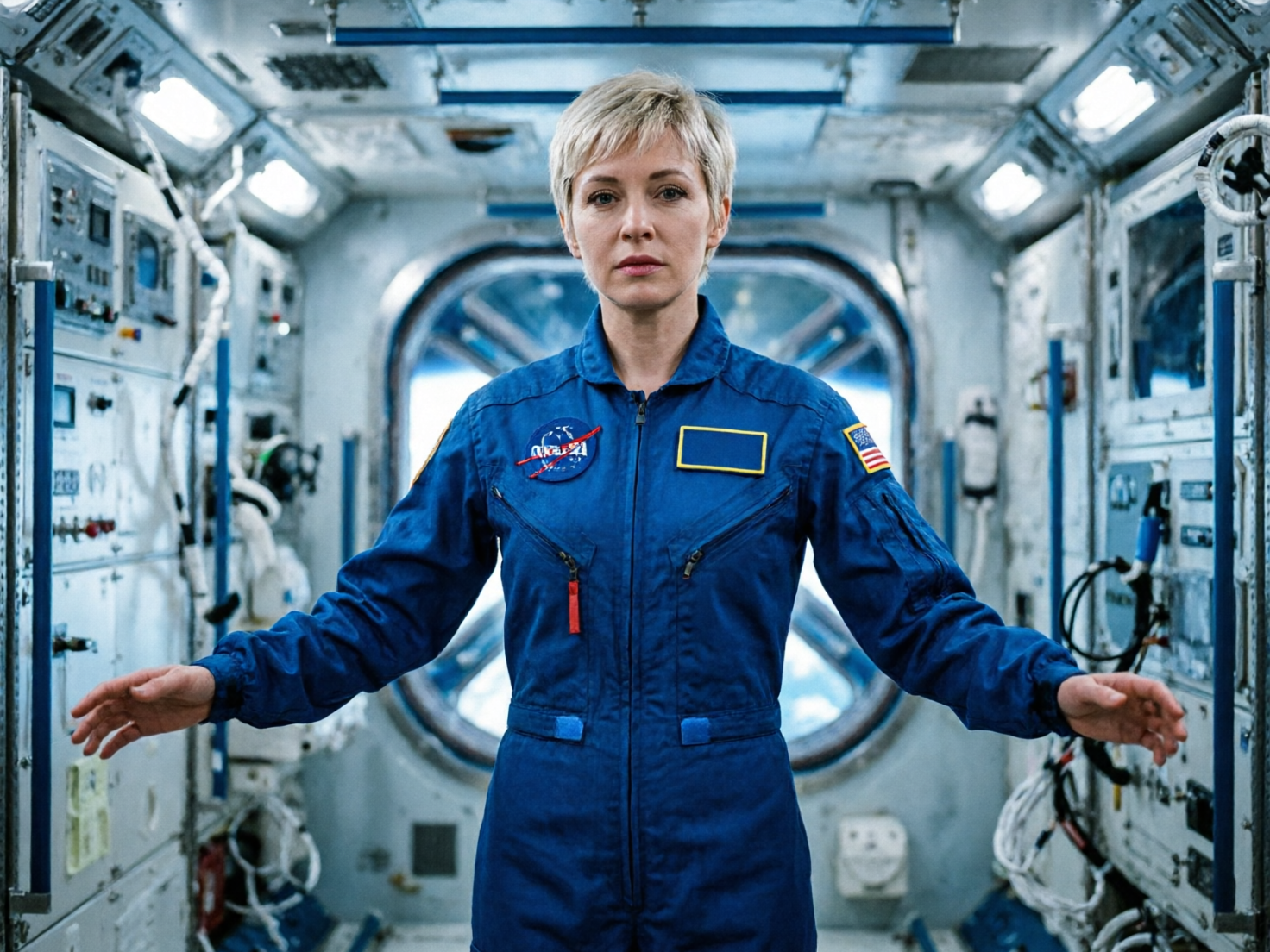 图中展示了一位留着金色短发的女性宇航员，她身穿一件深蓝色的连体飞行服，正站在充满科技感的空间站舱体中心。背景是狭窄的金属走廊，两侧布满了复杂的控制面板、电线和开关，尽头是一个圆形的舱窗。画面整体色调偏冷，以白、灰、蓝为主，光线均匀。宇航员表情严肃，双臂略微向两侧张开。

在 AI 生成细节方面，存在明显的逻辑和结构缺陷：最显著的是人物的手部，左手（画面右侧）的手指数量异常且扭曲，呈现出模糊的肉团状；右手（画面左侧）的食指过长，结构不自然。此外，胸前的 NASA 标志和美国国旗臂章虽然轮廓相似，但内部的文字和线条均是混乱且无意义的乱码。舱室背景中的管线分布缺乏工程逻辑，部分线条在空间中凭空消失或断裂，显示出典型的 AI 构图特征。