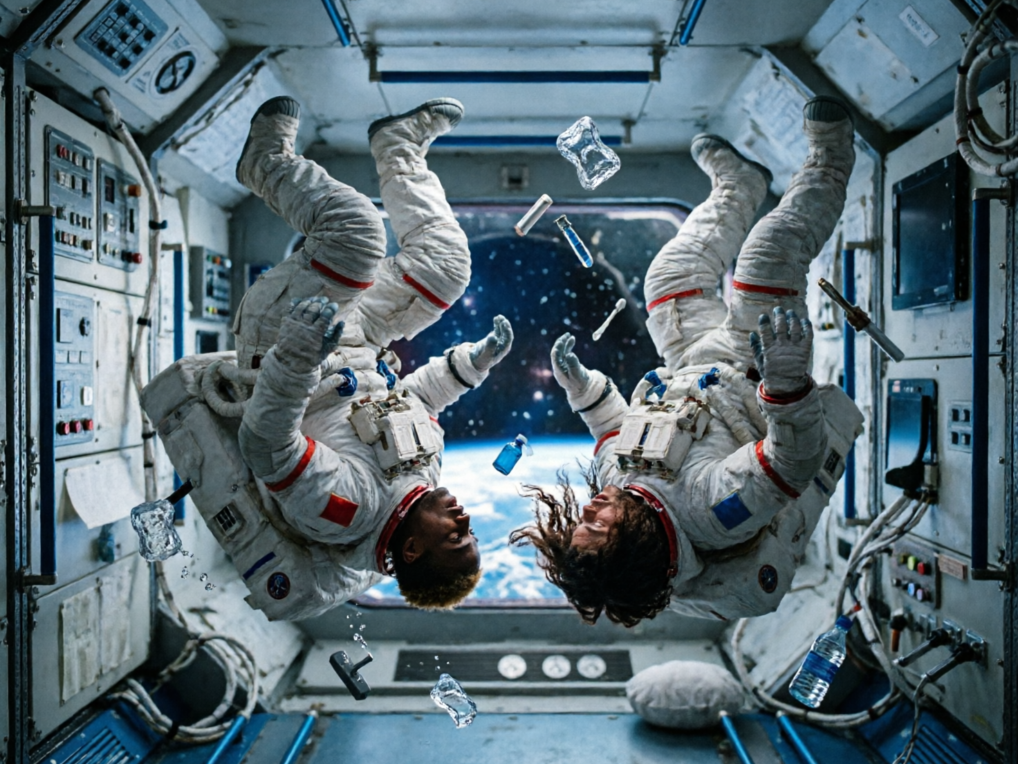图中展现了一个科幻感十足的太空舱内部场景，两名宇航员正处于失重状态，头朝下倒挂在画面中心。他们穿着带有红色条纹的白色厚重宇航服，但奇怪的是都没有佩戴头盔，直接露出了面部和头发。舱内背景充满了复杂的控制面板、电线和仪器，色调偏冷，以白、蓝、灰为主。窗外可以看到深邃的星空和地球的边缘。画面中还漂浮着水滴、试管、水瓶和一些不明碎片。

这张图片存在明显的 AI 生成缺陷：最显著的是两名宇航员的手部，手指数量模糊且扭曲，呈现出不自然的粘连感；左侧宇航员的背部连接着奇怪的管状物，且其腿部与躯干的透视关系显得生硬。此外，漂浮的水滴形状过于僵硬，像透明塑料块而非液体，背景面板上的按钮和文字也只是模糊的色块，缺乏真实的逻辑结构。最不符合常理的是，在真空或需要宇航服的环境下，人物未戴头盔且长发自然飘散，这在科学逻辑上是缺失的。