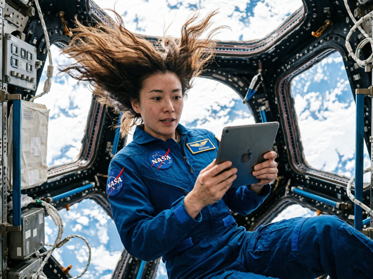 图中展示了一位身穿蓝色 NASA 宇航服的亚裔女性宇航员，正身处国际空间站的穹顶舱内。她处于失重状态，棕色长发在空中呈放射状飘散，神情专注地盯着手中握持的一台灰色平板电脑。背景是通过多扇大型观察窗透出的地球景象，蓝色的海洋与白色的云层交织，光线明亮且自然。宇航服上贴有醒目的 NASA 标志和金色名牌。

然而，画面中存在明显的 AI 生成缺陷：最突出的是人物的手部，左手手指数量异常且结构扭曲，指节融合在一起，显得非常不自然；右手的大拇指位置和形状也存在透视逻辑错误。此外，宇航服上的 NASA 标志文字略显模糊变形，左侧舱壁上的电子设备按钮分布杂乱，缺乏真实的机械逻辑。尽管整体氛围营造得十分逼真，但这些细节处的肢体畸变是典型的 AI 算法错误。