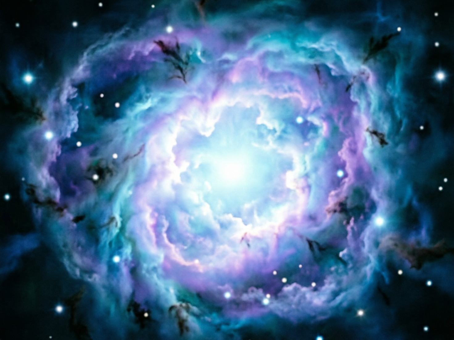 画面中呈现了一幅壮丽的宇宙星云景观。图像中心是一个极其明亮的白色光源，仿佛一颗正在爆发的恒星，向四周散发出耀眼的光芒。围绕着中心光源的是层层叠叠、呈螺旋状扩散的星云气团，色彩以梦幻的丁香紫、湖蓝色和深青色为主，冷暖色调交织，营造出深邃且神秘的氛围。星云的边缘点缀着许多明亮的白色星点，背景则是漆黑的深空。

从 AI 生成的角度来看，画面存在一些明显的逻辑缺陷：首先，星云内部散布的黑色丝状物质分布过于机械，缺乏自然天体演化的随机感，看起来更像是后期叠加的笔触。其次，画面中的星点大小和亮度分布过于均匀，缺乏真实星空那种远近错落的透视感。此外，星云的纹理在边缘处显得有些模糊和笔触化，失去了真实天文摄影中气体尘埃的细腻质感，整体构图过于完美的对称性也显露出人工合成的痕迹。