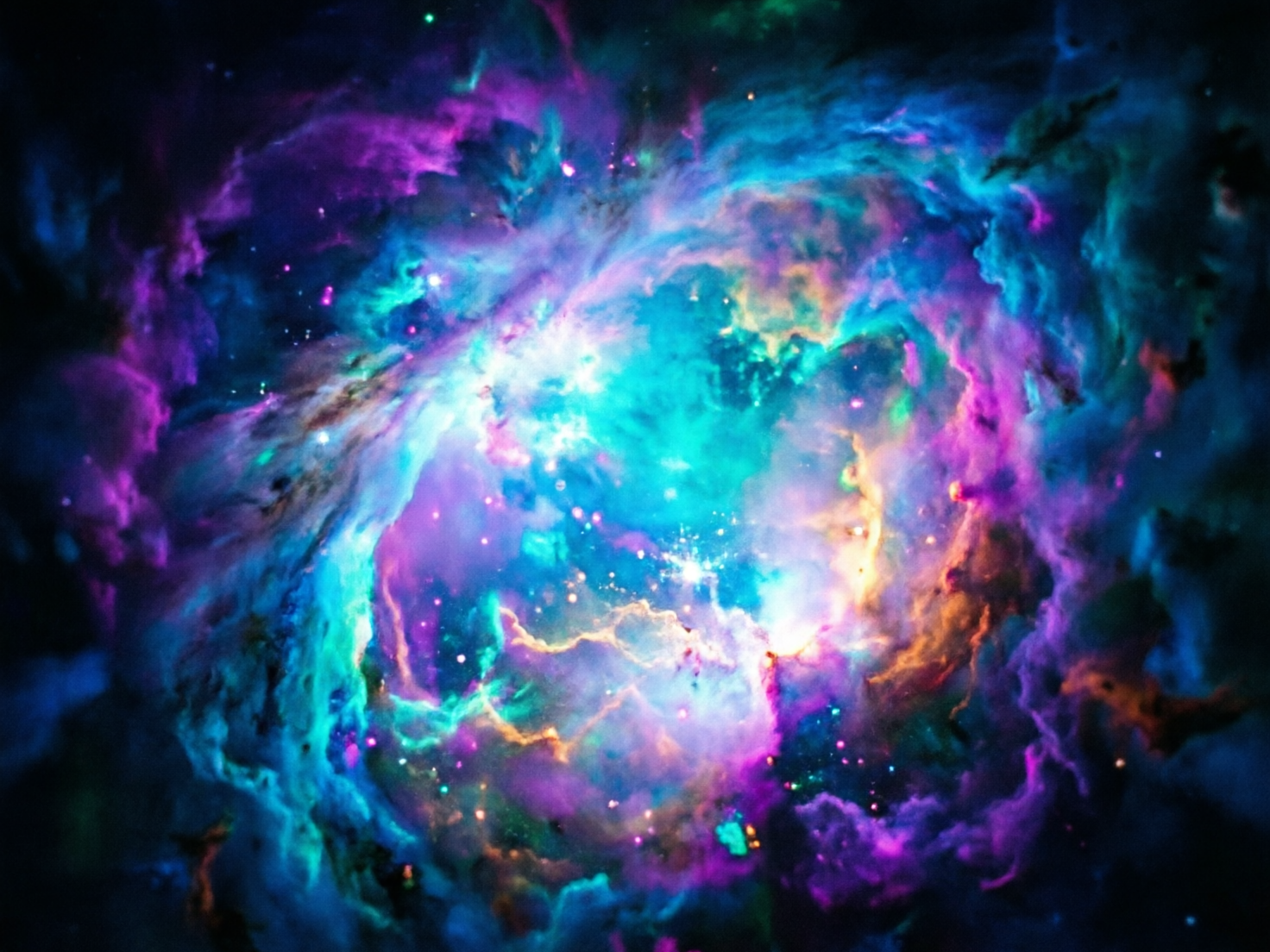 画面中呈现了一幅色彩极其绚丽的宇宙星云景观。构图以中心发散式为主，核心区域闪耀着明亮的青蓝色和白色强光，仿佛一颗新星正在诞生。向外扩散的云气层叠交错，融合了深邃的紫色、亮丽的翠绿色以及温暖的橙黄色。星云的质感如同翻滚的烟雾或彩色棉絮，明暗对比强烈，营造出深邃的立体感。细小的星光点缀在彩色云雾之间，增加了画面的灵动感。作为一张 AI 生成的图片，其缺陷主要体现在光影逻辑的混乱：画面中部的光源点分布过于细碎且随机，缺乏真实天体物理中的核心引力感；部分云气的边缘出现了不自然的锐化和锯齿状色块，尤其在左下角和右侧边缘，色彩过渡显得有些生硬，缺乏真实星云那种细腻、平滑的流体感。此外，星光的形状过于统一，缺乏远近虚实的透视变化。