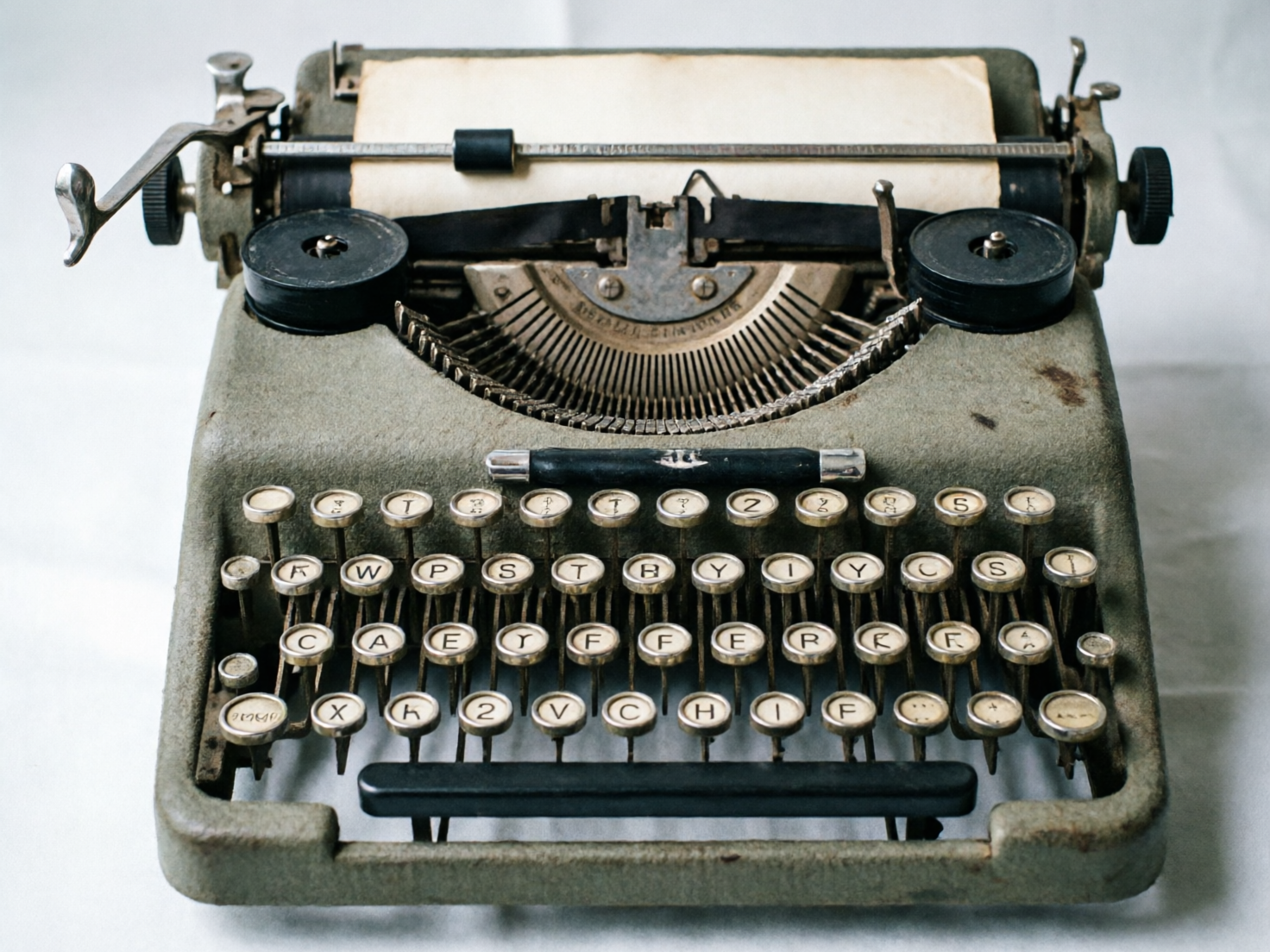 图中展示了一台放置在白色背景上的复古机械打字机。打字机整体呈现出带有岁月痕迹的灰绿色金属质感，机身表面有明显的锈迹和磨损。上方插着一张泛黄的纸张，中间是呈扇形排列的金属字模连杆，两侧各有一个黑色的色带转轮。构图采用正面俯视视角，光线柔和。

然而，画面中存在多处明显的 AI 生成缺陷：最显著的是键盘区域，按键上的字母排列完全杂乱无章，出现了多个重复的字母（如三个 F、两个 Y、两个 S），且部分按键上的符号扭曲模糊，无法辨认。此外，打字机左侧的换行拨杆结构显得不合逻辑，金属线条交错混乱。键盘下方的空格键与机身的连接处也缺乏真实的机械结构支撑，显得有些漂浮。这些细节揭示了该图片并非真实摄影作品。