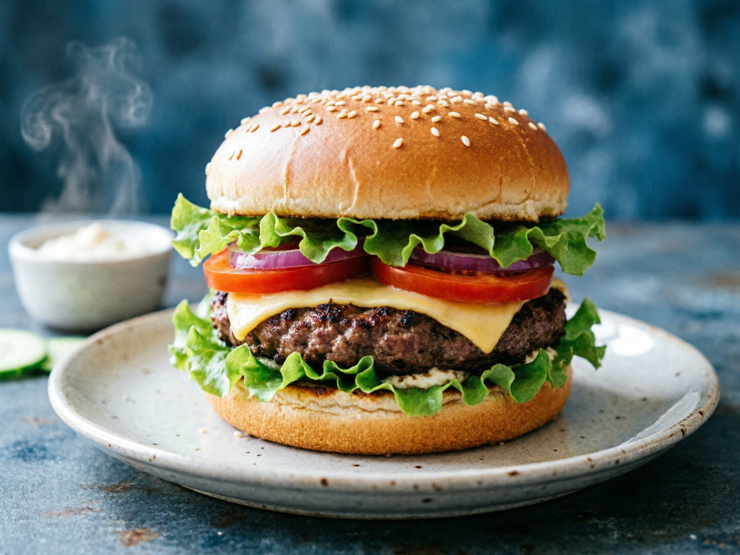 图中展示了一个令人垂涎欲滴的巨型芝士汉堡，它被放置在浅灰色带斑点的陶瓷圆盘中央。汉堡由多层食材堆叠而成：最上方是撒满白芝麻的金棕色面包，中间依次夹着翠绿褶皱的生菜叶、两片鲜红的番茄、紫洋葱圈、融化的黄色芝士片以及一块厚实且焦褐感十足的牛肉饼。背景是深蓝色的斑驳墙面，左侧有一个冒着热气的小碗，装有白色蘸酱，旁边还散落着几片黄瓜。

画面整体色调明亮，冷色调背景与暖色的食物形成对比。然而，图中存在明显的 AI 生成缺陷：首先，左侧小碗上方升腾的热气线条过于生硬且形状怪异，缺乏自然的烟雾流动感；其次，汉堡中间的番茄片和洋葱圈在空间堆叠上显得有些错位，透视关系不够严谨；最后，汉堡最底层的生菜叶与面包的衔接处略显模糊，部分叶片的纹理在边缘处出现了不自然的融合。