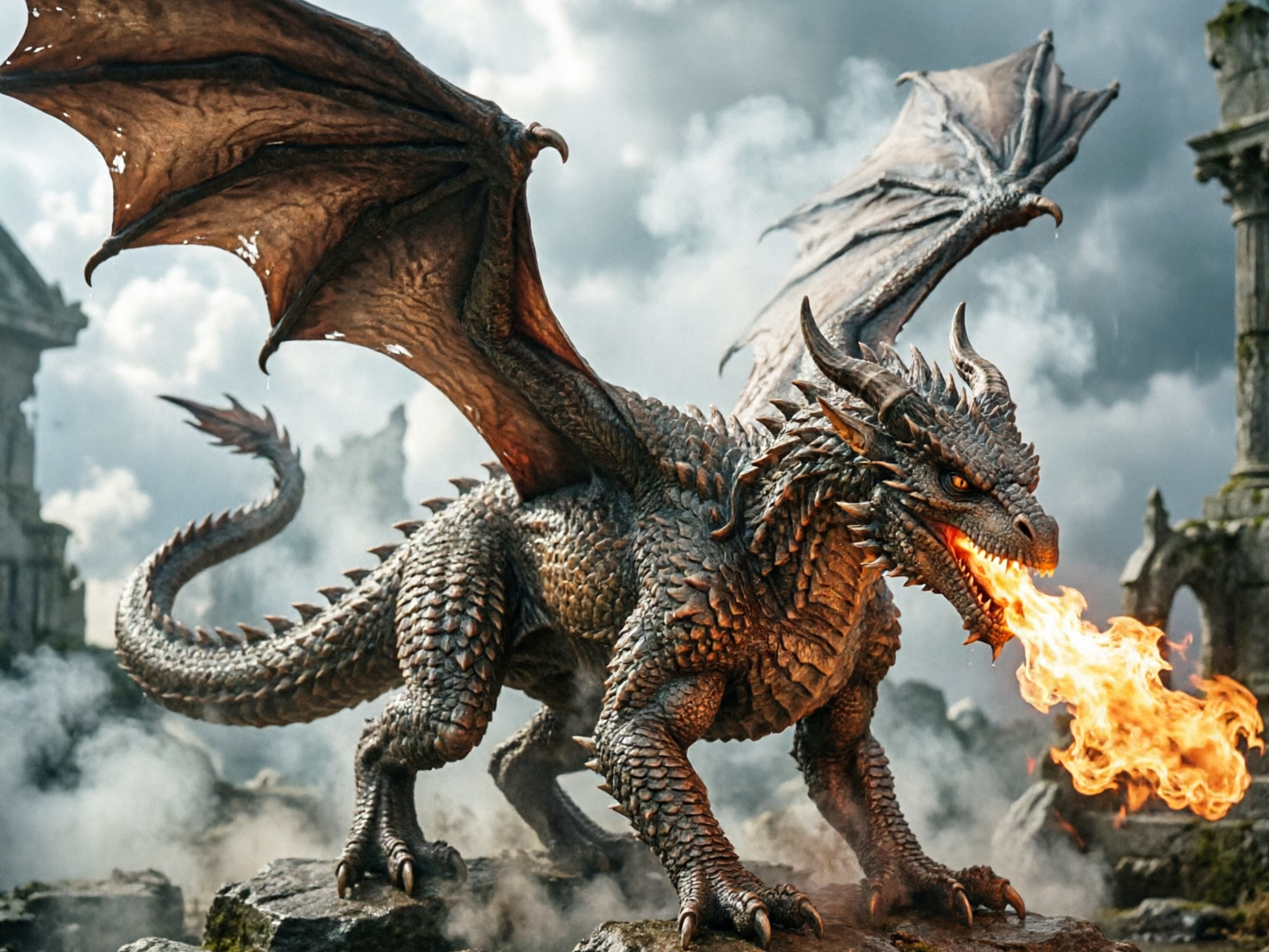 图中展现了一只威猛的深灰色巨龙，正站在乱石嶙峋的废墟之上向右侧喷射火焰。巨龙全身覆盖着粗糙且细密的鳞片，背部有一对巨大的皮革质感翅膀，翅膀边缘略显破损，透出一种饱经风霜的力量感。它的眼睛呈明亮的橙黄色，口中吐出的橘红色火焰照亮了其面部轮廓。背景是阴云密布的天空和残破的石质建筑，四周弥漫着灰白色的烟雾，营造出一种史诗般的战争氛围。

在 AI 生成细节方面，画面存在明显的逻辑缺陷：巨龙的肢体结构较为混乱，其右前爪下方似乎多出了一截无法解释的腿部残影，导致它看起来像是拥有五条或更多的腿；此外，巨龙左侧翅膀的根部连接处与身体的透视关系不够自然，显得有些突兀。尽管光影效果出色，但这些解剖结构上的错误揭示了其 AI 生成的本质。