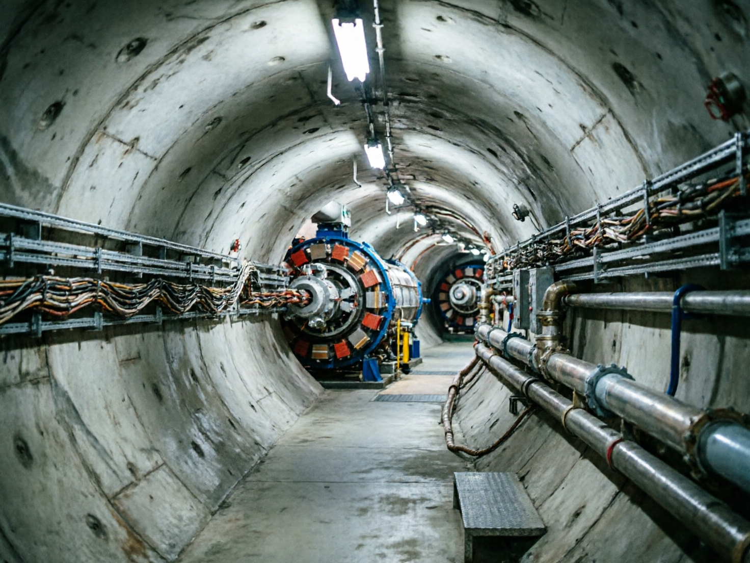 图中展示了一个充满科幻感的圆形地下隧道，整体色调以冷灰色的混凝土原色为主，伴有金属管道的银灰色。隧道深处安放着巨大的环形科学设备，其结构复杂，带有蓝色框架和红白相间的模块，看起来像是粒子加速器或大型强子对撞机。隧道两侧布满了密集的电缆桥架和粗壮的金属管道，顶部悬挂着一排明亮的日光灯，向远方延伸。画面的构图具有强烈的透视感，引导观众的视线深入隧道内部。在 AI 生成的细节方面，存在明显的逻辑缺陷：左侧墙壁上的大量电缆在接近大型设备时，线条变得杂乱且无序地交织在一起，缺乏合理的物理连接；右侧的金属管道在衔接处出现了透视扭曲，部分管道仿佛直接嵌入了墙体；此外，隧道顶部的灯具形状不一，且悬挂的支架线条显得断断续续，缺乏真实的重力感。