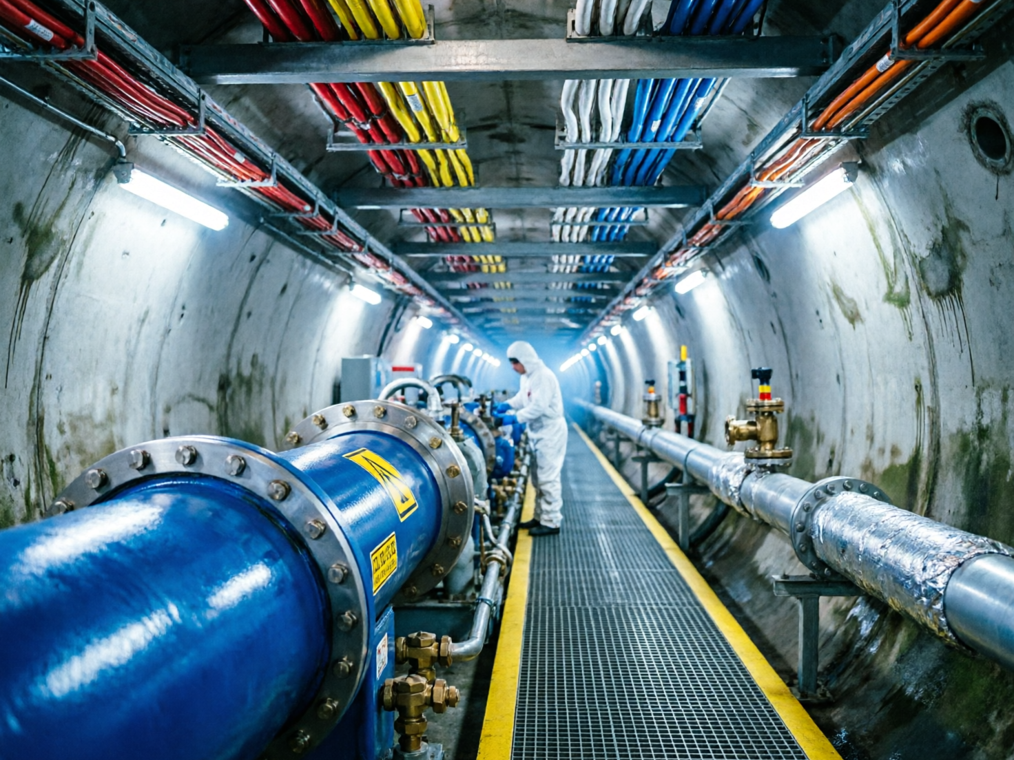 图中展示了一个充满工业科技感的地下隧道内部。画面中心是一条深邃的圆形混凝土隧道，顶部整齐排列着红、黄、白、蓝、橙各色的粗大电缆，两侧墙壁挂有明亮的日光灯。隧道左侧是一根巨大的蓝色金属管道，通过厚重的法兰盘连接，右侧则是一根较细的银色管道。一名穿着白色全封闭防护服的工作人员正站在中央的金属格栅走道上，背对镜头检查设备。画面色彩对比鲜明，冷色调的混凝土与鲜艳的电缆形成视觉冲击。

然而，画面中存在明显的 AI 生成缺陷：首先，蓝色大管道上的黄色警示标签文字模糊且扭曲，无法辨认；其次，远景处的工作人员身形略显僵硬，手部动作与管道的接触点结构模糊；最显著的问题在于透视异常，隧道顶部的电缆支架在远方出现了不合理的交错与断裂，右侧银色管道的支撑架在延伸过程中也显得比例失调，缺乏真实的物理逻辑。
