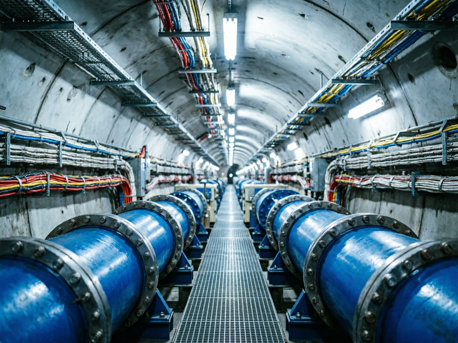 图中展示了一个充满科技感的地下隧道内部，看起来像是一个大型粒子加速器或工业管道设施。画面采用对称构图，视角沿着中央的金属格栅走廊向深处延伸。走廊两侧整齐排列着巨大的蓝色圆柱形管道，管道连接处有厚重的金属法兰和螺栓固定。隧道顶部是半圆形的混凝土结构，悬挂着密集的彩色电缆束（红、黄、蓝、白）和长条形的白色日光灯，灯光在冰冷的金属表面投射出冷色调的亮光。整体色调以工业蓝、灰色和金属色为主，营造出一种深邃且严谨的科研氛围。

画面中存在明显的 AI 生成缺陷：首先，透视逻辑在远端变得混乱，两侧的蓝色管道在消失点处并没有自然汇聚，而是出现了结构重叠和断裂；其次，隧道顶部的电缆支架和灯具在纵深方向上分布不均，部分支架悬浮在空中，缺乏合理的物理支撑；最后，管道上的螺栓细节在远处变得模糊且形状扭曲，走廊地面的格栅纹理在尽头也失去了清晰的几何逻辑，呈现出一种杂乱的线条交织。