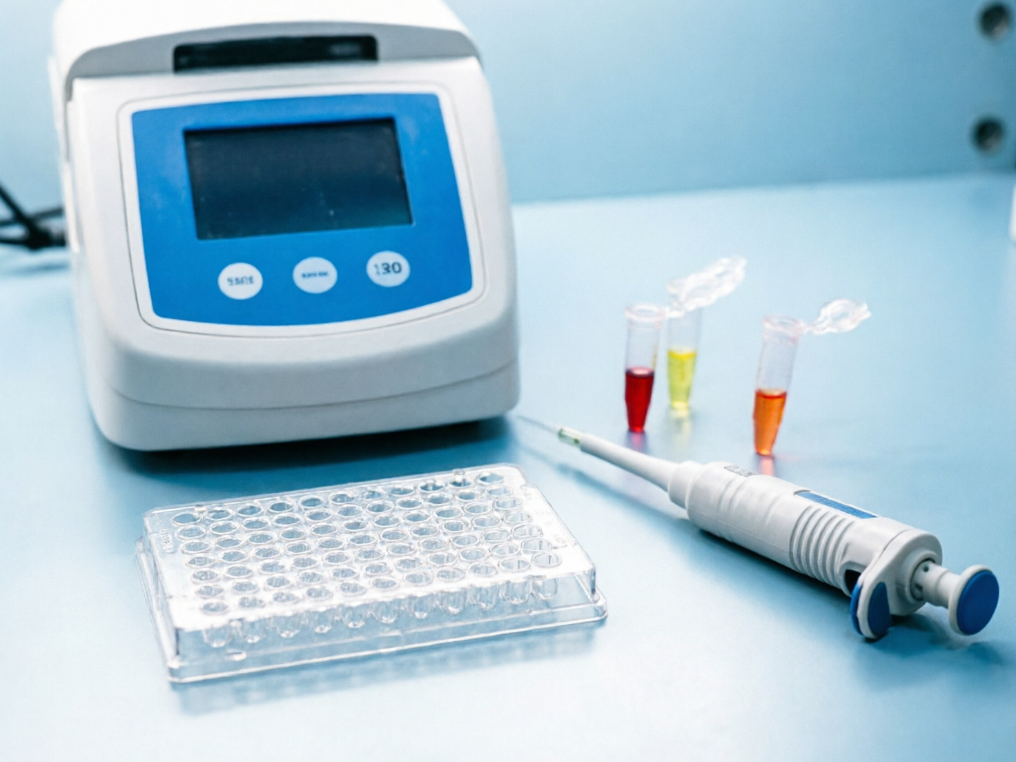 图中展示了一个整洁的实验室桌面场景，整体色调以浅蓝色和白色为主，呈现出一种科技与医疗的氛围。画面左上方是一台白色的实验仪器，配有蓝色面板和黑色显示屏，面板上有三个圆形按钮。前方放置着一个透明的 96 孔微孔板，右侧则斜放着一支白色的移液枪，其末端带有蓝色装饰。背景中还有三个装有红色、黄色和橙色液体的透明离心管。

画面中存在明显的 AI 生成缺陷：首先，实验仪器面板上的文字和数字模糊不清，呈现出无意义的符号；其次，移液枪的结构不符合物理逻辑，枪头部分过于细长且与杆部连接生硬，末端的按压手柄形状扭曲；背景中的离心管盖子呈现出半透明且破碎的质感，缺乏真实的塑料结构；此外，微孔板的边缘线条略显模糊，与桌面的接触阴影处理不够自然。