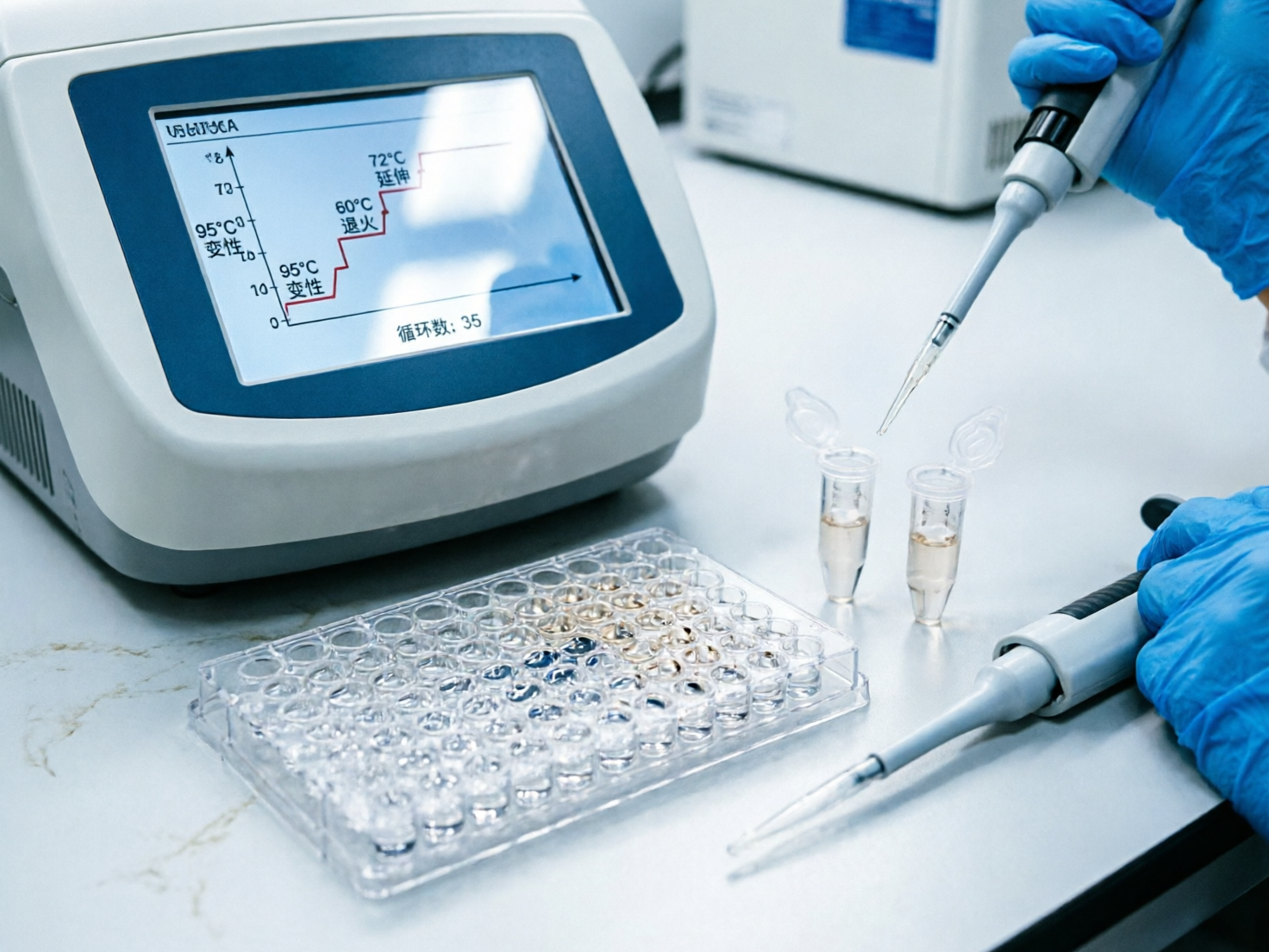 图中展现了一个充满科技感的生物医学实验室场景。画面左侧是一台白色的PCR扩增仪，其屏幕上显示着红色的温度循环曲线，并带有“变性”、“退火”、“延伸”等中文字样。画面右侧，两只戴着蓝色医用手套的手正在操作移液枪，背景中散落着透明的微量离心管和一块多孔酶标板，整体色调以冷白和湖蓝为主，营造出严谨的科研氛围。

然而，画面中存在明显的 AI 生成缺陷：首先，屏幕左上角的品牌标识是无意义的乱码字符；其次，右侧操作者的手部结构异常，上方的手指显得过于粗短且关节模糊，下方的手部握持姿势不符合人体工学，且移液枪的末端似乎直接穿透了手掌。此外，多孔板的孔洞排列不整齐，边缘透视关系混乱，离心管的盖子悬浮角度也显得不够自然。这些细节揭示了图片并非真实拍摄。