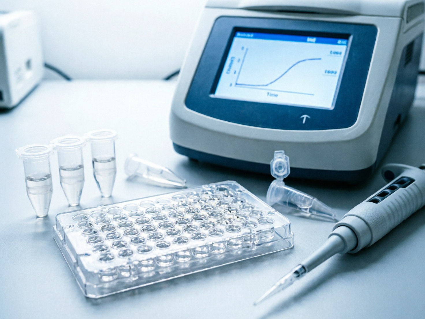 图中展现了一个充满科技感的生物医学实验室场景，整体色调呈现冷峻的浅蓝色和白色。画面中心偏右是一台大型的实验仪器，其屏幕上显示着一条蓝色的 S 型增长曲线，类似于 PCR 扩增曲线。画面前景摆放着一个透明的 96 孔板，左侧立着三个装有透明液体的离心管，右侧则是一支移液枪和两个散落的离心管。构图采用斜向透视，对焦集中在前景的实验耗材上。

在 AI 生成细节方面，存在明显的逻辑和形态缺陷：首先，屏幕上的文字和坐标轴标签均为模糊且无法辨认的乱码，缺乏真实含义。其次，前景中的 96 孔板结构异常，孔洞的排列不整齐且形状扭曲，边缘线条模糊。右下角的移液枪造型不符合人体工程学，其吸头部分与枪身的连接处显得生硬且结构缺失。此外，左侧三个离心管的盖子连接处结构模糊，仿佛融化在了一起，缺乏真实的机械铰链细节。