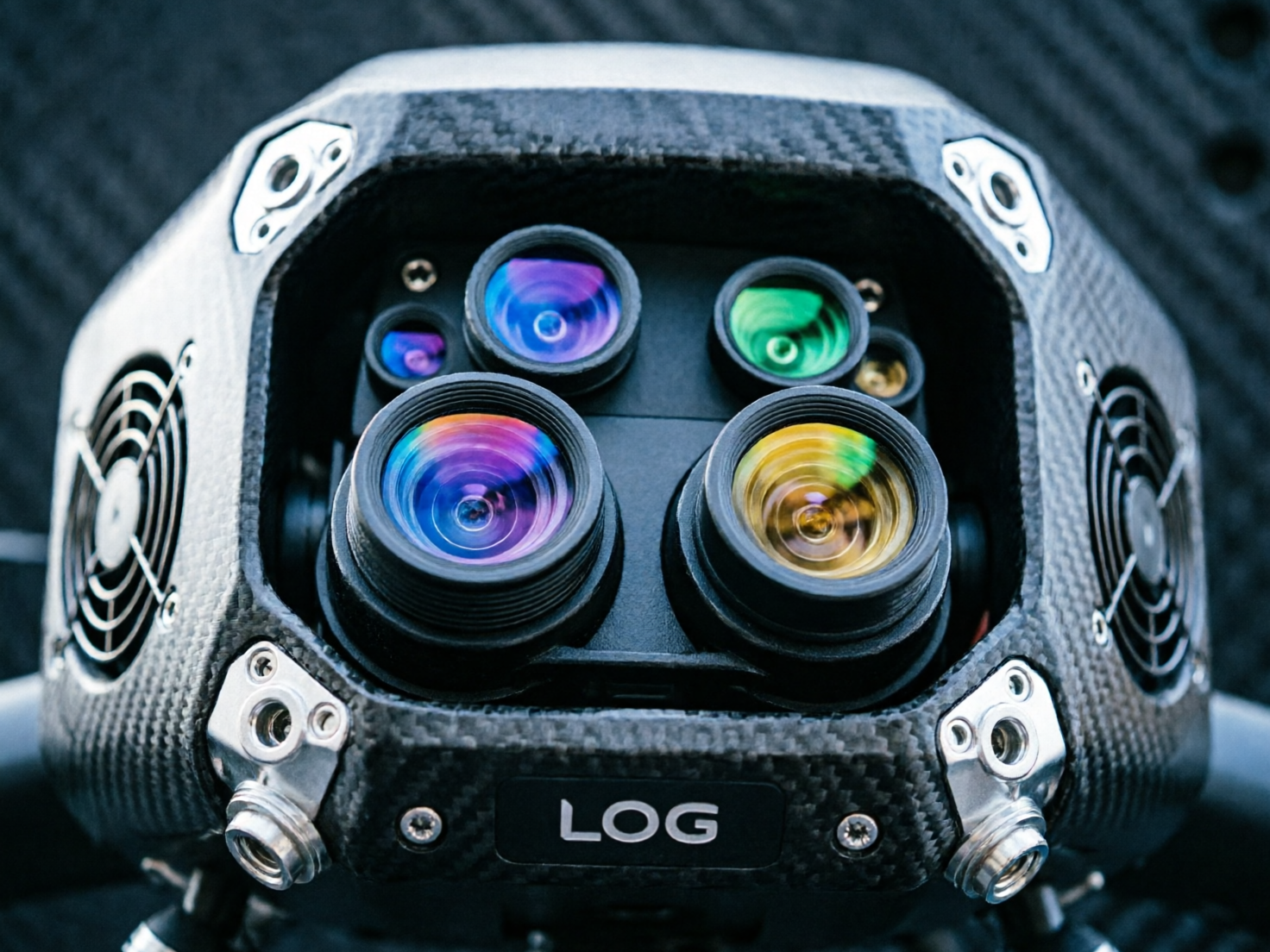 图中展示了一个具有科幻感的专业摄影或侦察设备特写，整体呈现出冷峻的工业风格。设备外壳采用了深灰色的碳纤维纹理材质，正前方嵌有四个大小不一的圆形镜头，镜片在光线下反射出绚丽的紫色、蓝色、绿色和金黄色。设备两侧配有圆形的金属散热风扇罩，底部中央贴有一个印有白色“LOG”字样的黑色标签。四个角落装有银色的金属固定件和螺丝，增强了机械感。然而，画面中存在明显的 AI 生成缺陷：最显著的是下方“LOG”字样右侧的螺丝位置偏移且结构模糊；左侧风扇罩的格栅线条分布不均，显得有些扭曲；此外，镜头内部的镀膜反光虽然色彩丰富，但光影逻辑并不完全符合真实的物理折射，部分边缘显得过于锐利或融合不自然。