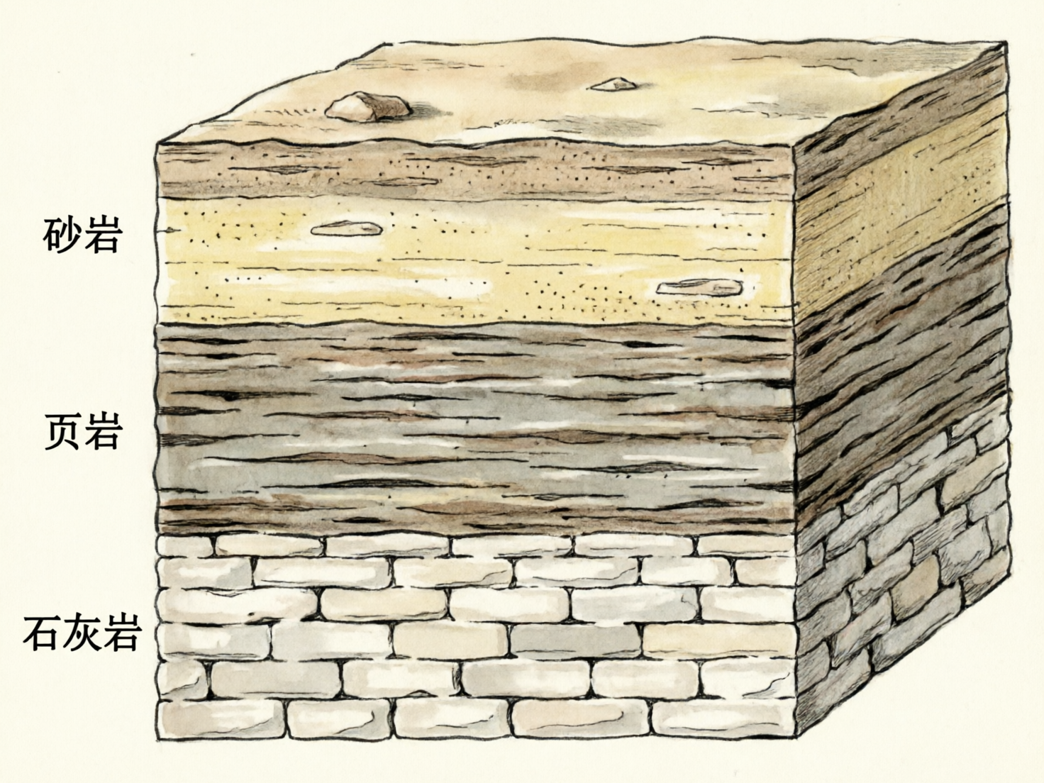 图中展示了一个呈立方体切面形状的地质地层示意图，背景为纯净的米白色。画面采用手绘水彩风格，通过不同的颜色和纹理区分了三层主要的岩石构造。最上方是淡黄色的“砂岩”层，表面分布着细小的颗粒感和几块零星的碎石；中间是深灰褐色的“页岩”层，呈现出明显的水平层理和片状纹路；最下方是浅灰色的“石灰岩”层，被描绘成类似砖墙交错排列的方块结构。在立方体的左侧，分别用黑色简体中文字标注了这三层岩石的名称。

从 AI 生成的角度来看，画面整体逻辑清晰，但在细节处存在一些典型缺陷：立方体右侧的透视线条不够严谨，导致侧面的岩层走向与正面衔接略显生硬；石灰岩层的方块纹理在转角处出现了结构错位，部分线条闭合不自然；此外，文字“砂岩”的“砂”字左侧略有笔画粘连，虽然不影响阅读，但带有明显的计算机生成痕迹。