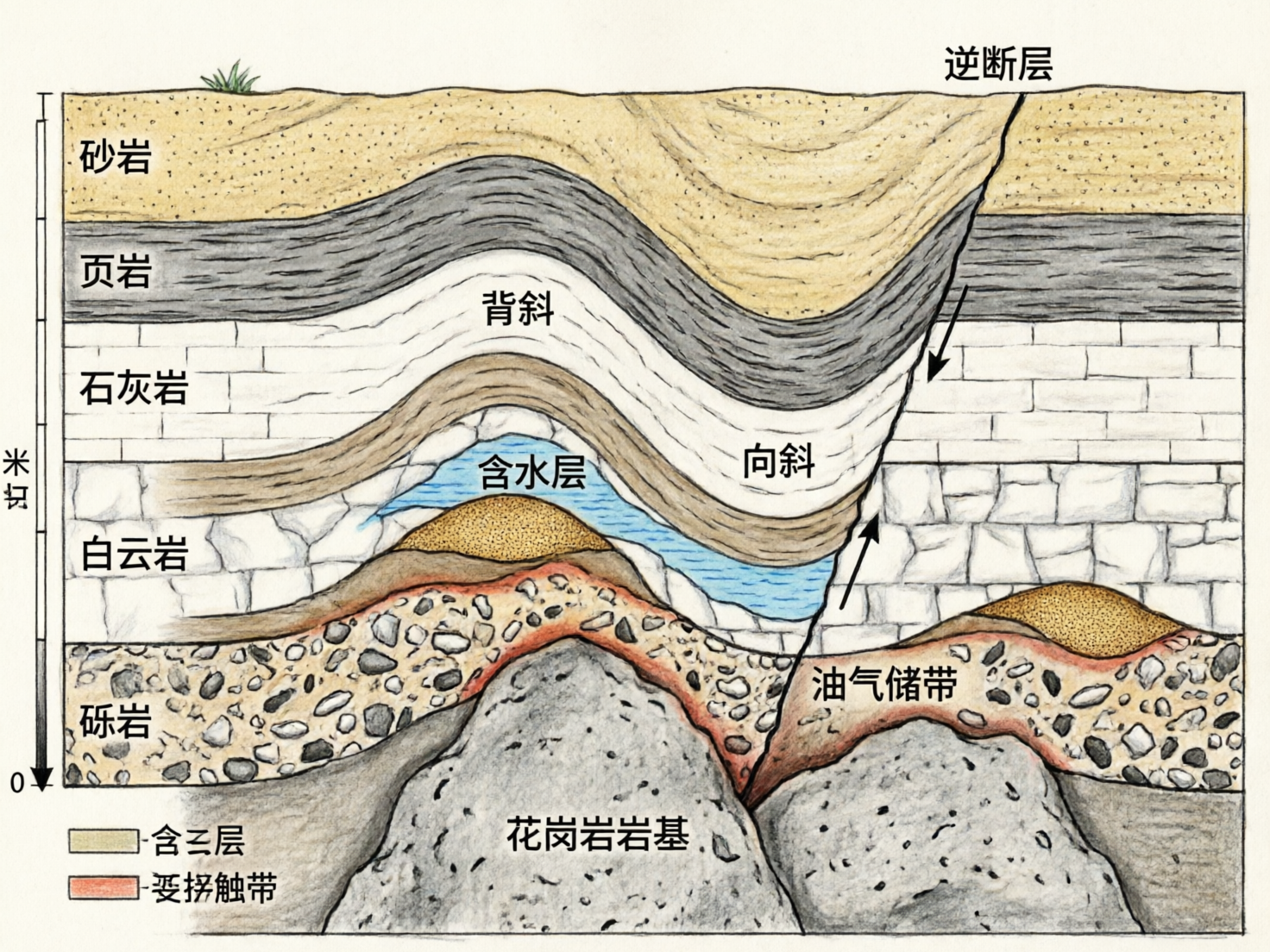 图中展示了一幅手绘风格的地质剖面示意图，以浅黄色、灰色、白色和蓝色为主色调，描绘了复杂的地下岩层结构。画面左侧标注了由上至下的岩石种类，包括砂岩、页岩、石灰岩、白云岩和砾岩，底部则是灰色的花岗岩岩基。地层呈现明显的褶皱形态，向上隆起的部位标注为“背斜”，向下凹陷的部位标注为“向斜”。画面右侧有一条倾斜的黑线代表“逆断层”，并用箭头指示了岩层的位移方向。图中还标注了“含水层”和“油气储带”等资源分布。作为 AI 生成的图片，画面存在明显的逻辑与文字缺陷：左下角的图例文字出现乱码，如“含云层”和“耍拐触带”并非标准术语；左侧的深度刻度尺单位“米”字样扭曲且刻度不均；部分岩层线条在断层处衔接生硬，且文字排版略显拥挤，部分笔画有断裂感。