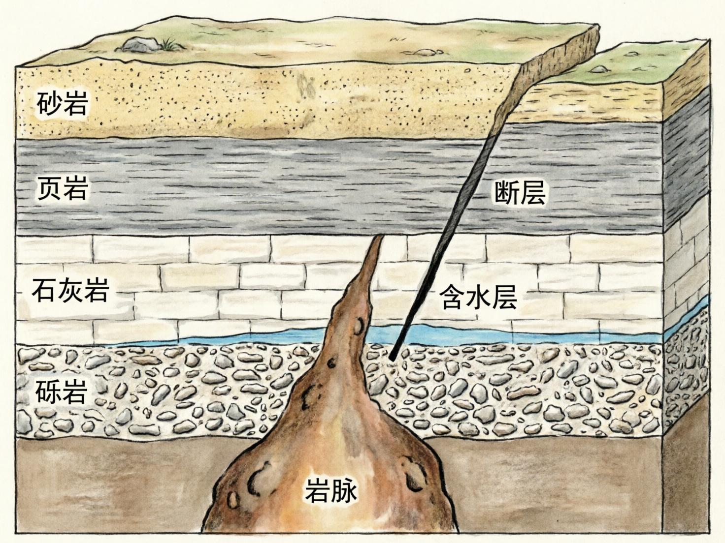 图中展示了一张手绘风格的地质构造剖面图，采用低饱和度的水彩上色。画面从上到下依次展示了不同的岩层：最上方是带有细小颗粒感的浅黄色「砂岩」，中间是灰色的水平纹理「页岩」，下方是类似砖块堆砌结构的白色「石灰岩」，以及由许多不规则碎石组成的灰色「砾岩」。在石灰岩与砾岩之间，有一层细长的蓝色带代表「含水层」。画面中央有一个棕色的尖锥状物体向上穿插，标注为「岩脉」。

在 AI 生成的细节方面，存在明显的逻辑和透视缺陷：右侧标注为「断层」的黑色斜线仅是一条简单的直线，并未造成两侧岩层的实际错位或断裂，不符合地质学逻辑。此外，右侧边缘的立体透视显得生硬，岩层线条在转角处衔接不够自然。文字标注虽然清晰，但「含水层」的指向线末端模糊，未能准确指向蓝色区域。整体构图虽然直观，但作为科学示意图，其地质构造的严谨性有所欠缺。