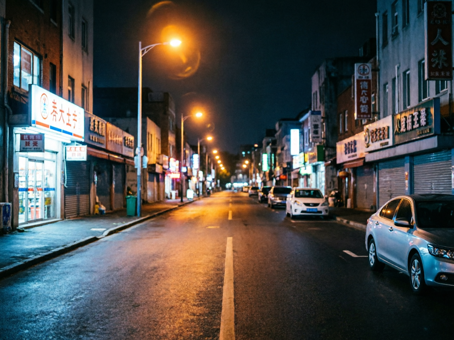 图中展示了一段深夜的城市街道，整体色调深沉，由暖黄色的路灯光与冷色调的建筑阴影构成对比。街道两旁是密集的低层商业建筑，一楼多为带有卷帘门或玻璃橱窗的店铺。左侧一家亮着白光的店铺招牌十分醒目，右侧则停放着几辆私家车，其中最前方的一辆银灰色轿车细节清晰。路面略显湿润，反射着昏黄的灯光，远处的路灯延伸至画面深处，营造出一种静谧而深邃的透视感。

作为一张 AI 生成的图片，画面中存在明显的逻辑错误和缺陷：最显著的是店铺招牌上的文字，虽然看起来像汉字，但实际上是无法辨认的乱码和扭曲的笔画，完全不具备实际含义。此外，远处背景中的路灯光晕分布略显生硬，部分建筑的窗户线条在阴影中显得模糊且不规则，右侧车辆的轮廓与地面接触的阴影处理也稍欠自然。