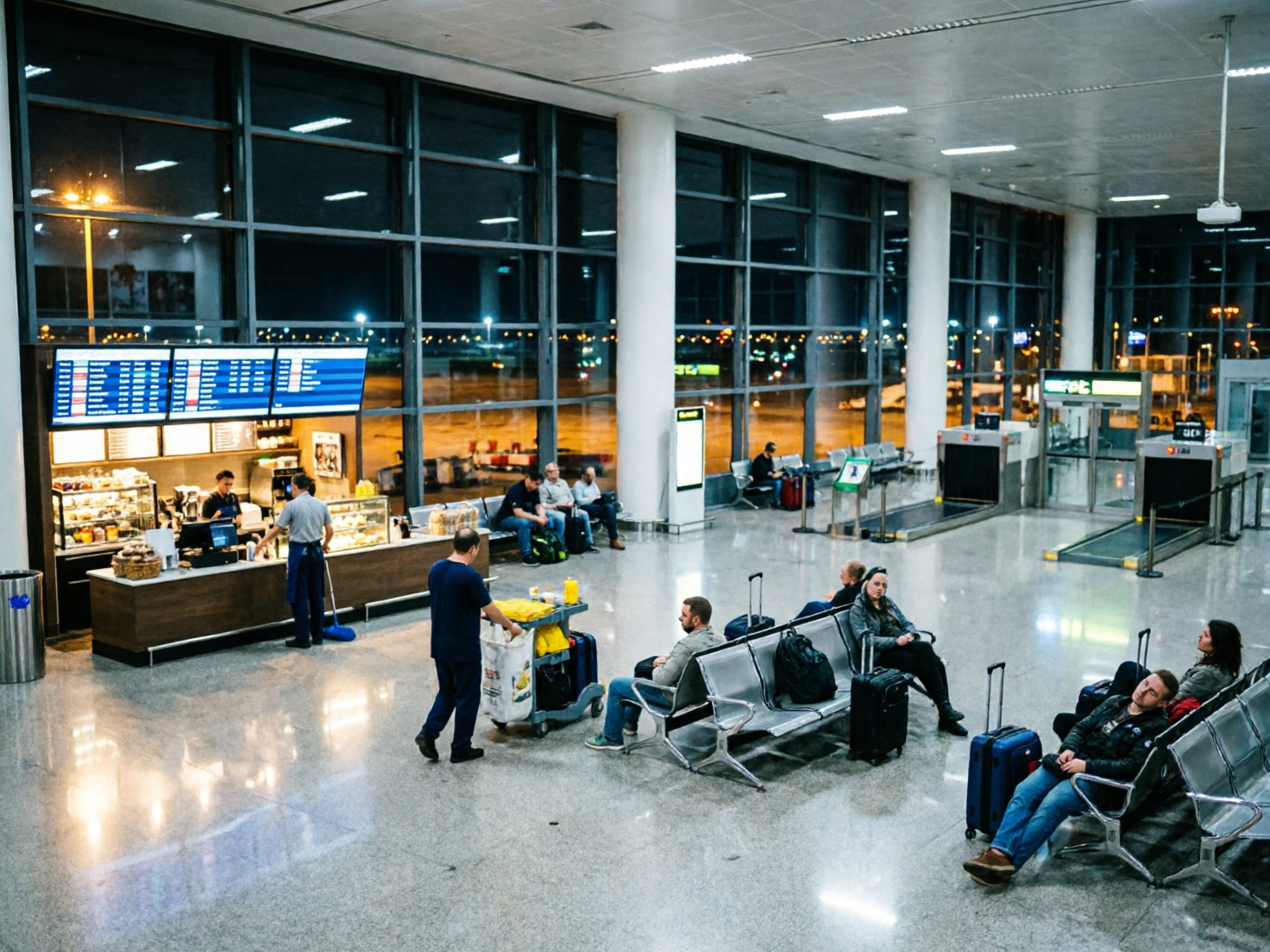 图中展示了一个深夜或凌晨时分的机场候机大厅，整体色调偏冷，灯光在光洁的地板上投射出明亮的倒影。画面左侧是一个咖啡零食柜台，上方悬挂着蓝色的航班信息显示屏，几名工作人员正在柜台后忙碌。大厅中央和右侧摆放着几排金属候机椅，零星坐着几位旅客，有的在休息，有的在看手机，身旁放着行李箱。背景是巨大的落地玻璃窗，可以看见室外漆黑的停机坪和远处零星的灯火。

画面中存在多处明显的 AI 生成缺陷：首先，左侧柜台上方的信息屏文字模糊且逻辑混乱，无法辨认具体字符；其次，人物的肢体细节处理不当，例如右下角靠在椅子上的男子，其腿部与座椅的穿插关系显得生硬且不自然，且部分旅客的面部特征模糊扭曲；此外，大厅右侧的安检传送带和金属探测门结构简陋，缺乏真实的机械细节，地面的光影反射与物体的实际位置也存在轻微的透视偏差。