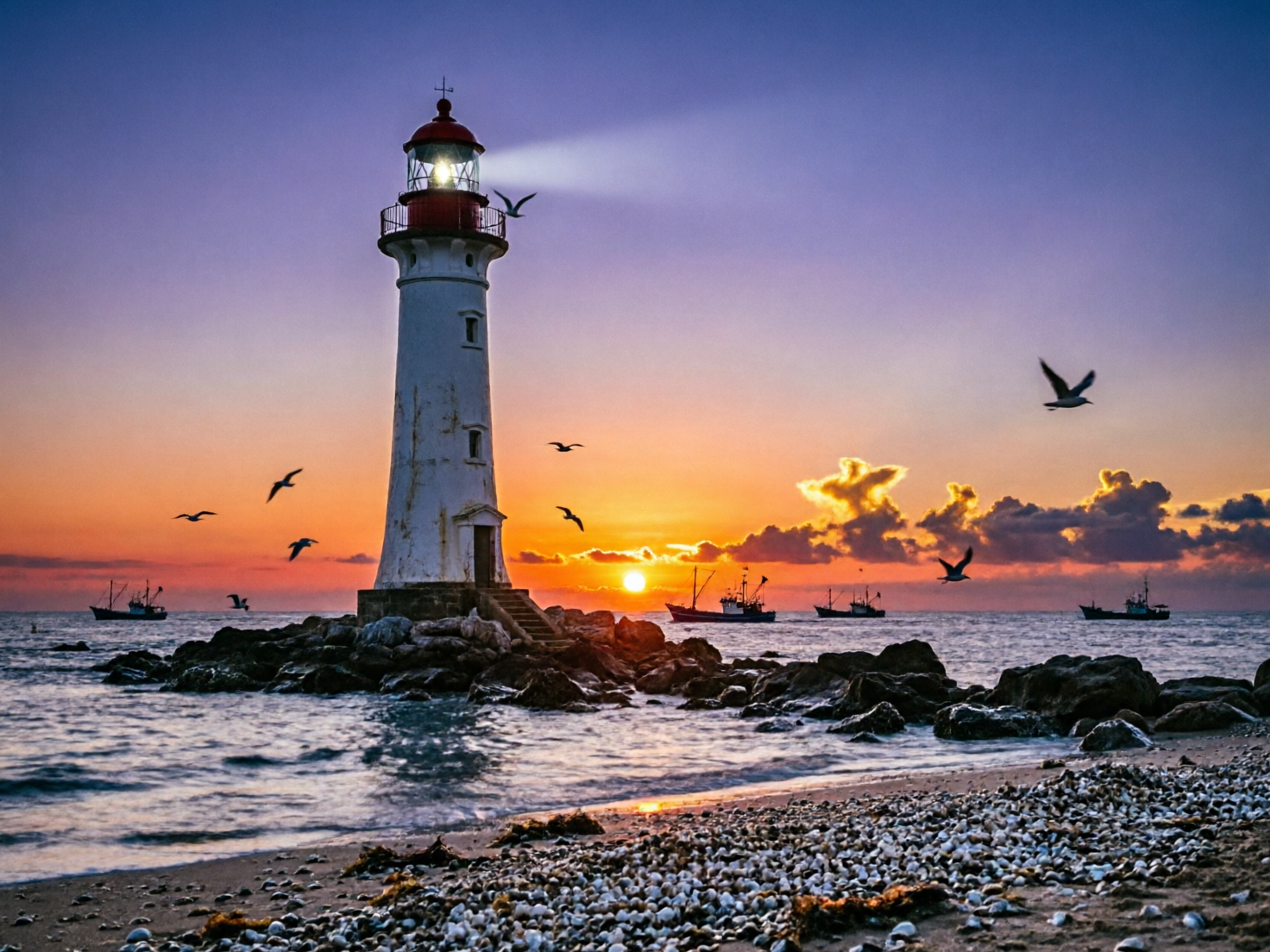 图中展现了一幅壮丽的海边日落景象。画面左侧矗立着一座巨大的白色灯塔，塔顶带有红色的圆顶，正发出一束明亮的白光。灯塔坐落在海边的礁石堆上，周围环绕着飞翔的海鸥。背景是绚烂的夕阳，天空由深紫、橙红过渡到金黄，海面上停泊着几艘远洋渔船。前景是一片布满贝壳和碎石的沙滩，海浪轻轻拍打着岸边。

画面中存在明显的 AI 生成缺陷：首先，灯塔顶部的光束透视异常，光线看起来像是贴在天空上的色块，而非从灯源自然散射；其次，天空中飞翔的海鸥形态模糊且扭曲，部分海鸥的翅膀结构不完整，甚至呈现出怪异的黑色剪影；此外，远处的渔船结构含混不清，桅杆和船身的比例显得生硬，与水面的倒影衔接不够自然。整体光影虽然华丽，但在细节处缺乏真实摄影的严谨性。