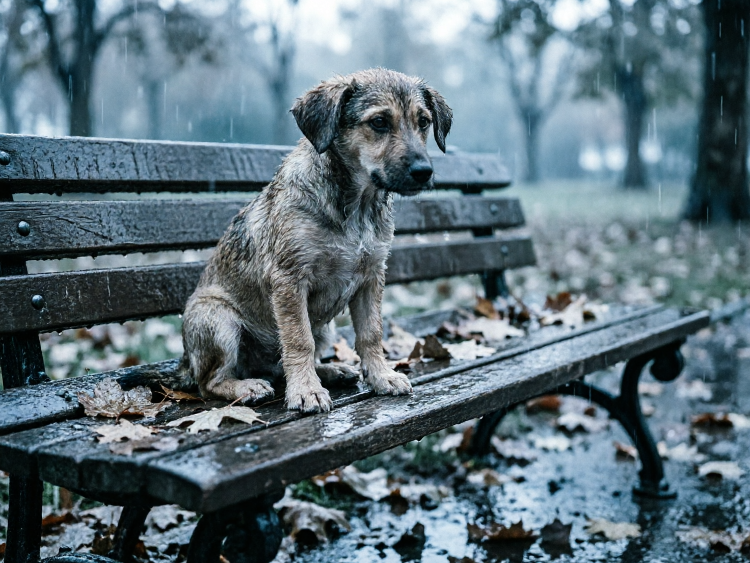 画面中，一只棕灰色的小狗正孤零零地坐在一张湿漉漉的公园长椅上。背景是一个阴雨绵绵的公园，树木模糊，地面铺满了枯黄的落叶，整体色调偏冷且暗淡，营造出一种忧郁、凄凉的氛围。小狗的毛发被雨水打湿，贴在身上，它眼神低垂，显得十分委屈和无助。长椅由深色木条组成，表面泛着雨水的反光。

在 AI 生成的细节方面，存在一些明显的逻辑缺陷：首先，小狗的爪子结构异常，尤其是前爪的脚趾数量和形状显得模糊且不自然；其次，长椅的结构在右侧边缘处显得有些扭曲，木条的延伸透视不够准确。此外，背景中的雨丝分布过于均匀且生硬，缺乏真实降雨的动态感。尽管如此，画面依然成功传达了一种令人心碎的孤独感。