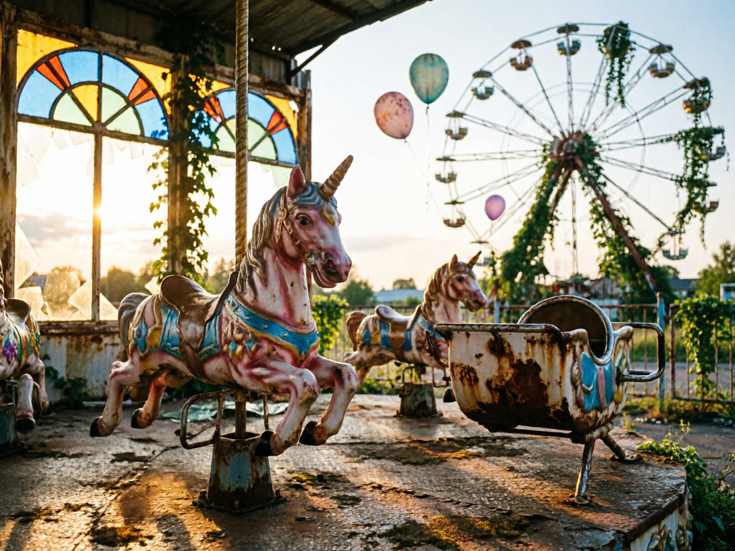 图中展现了一个被废弃的游乐园场景，透着一种凄凉而神秘的氛围。画面前景是一座破旧的旋转木马，木马被雕刻成独角兽的形象，身上原本鲜艳的粉色、蓝色漆面已经斑驳脱落，露出大片锈迹。阳光从左侧破碎的彩色玻璃窗中射入，照亮了布满青苔和铁锈的地面。中景处有几个飘浮在空中的彩色气球，背景则是一座巨大的、被绿色藤蔓缠绕的摩天轮，在夕阳下显得静止而沉重。

画面中存在明显的 AI 生成缺陷：最显著的是旋转木马的结构异常，独角兽下方的支撑金属杆并未垂直连接到地面底座，而是悬浮或错位连接；右侧的锈迹小车支架线条混乱，透视逻辑不合理。此外，背景中的摩天轮结构模糊且不完整，部分支架在空中断开，气球的线条也显得生硬且缺乏合理的物理连接。