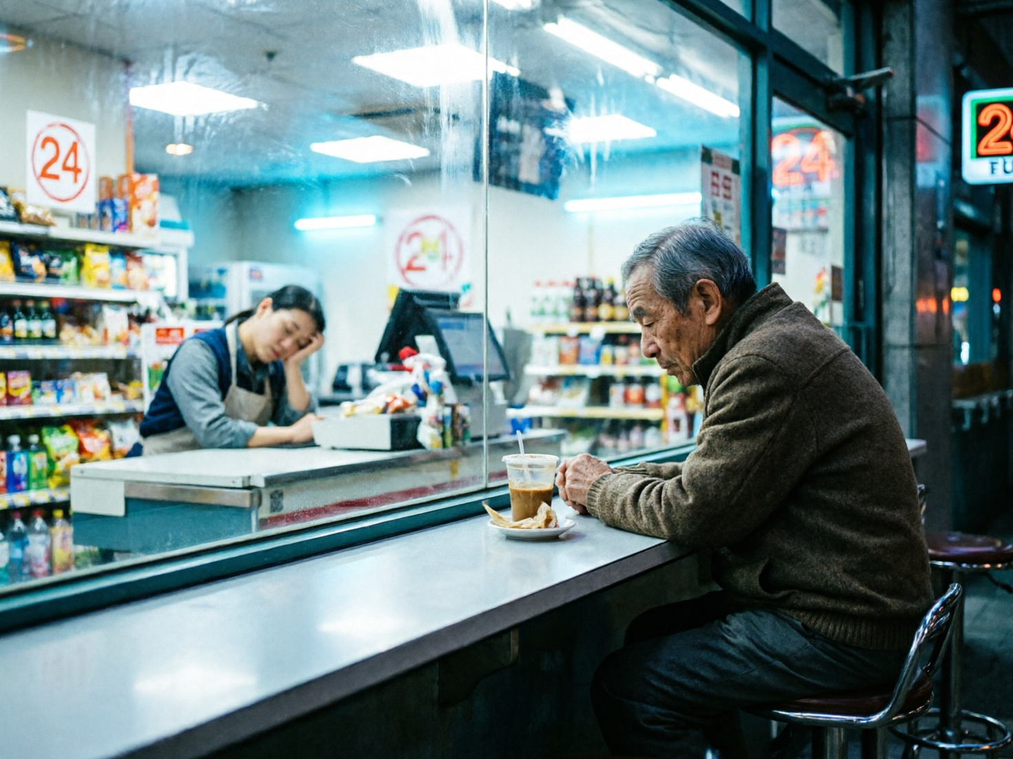 画面中展现了一个深夜便利店的场景，透着一种清冷而孤独的氛围。构图以大面积的透明玻璃窗为界，将画面分为内外两个空间。右侧前景处，一位头发花白、穿着棕色毛呢外套的老人正坐在户外的吧台凳上，他低头凝视着面前的一杯冰咖啡和一小碟点心，神情显得有些落寞。玻璃窗内，一名穿着蓝色围裙的女店员正单手托腮，闭目打盹，背景是整齐排列的货架和明亮的日光灯。色调以冷蓝和灰调为主，与室内暖黄的灯光形成对比。

作为一张 AI 生成的图片，画面存在几处明显的逻辑缺陷：首先，老人的双手交叠姿势显得非常僵硬，手指线条模糊且融合在一起，缺乏清晰的关节结构；其次，玻璃窗上的反射光影与室内的灯光布局并不完全吻合，显得有些杂乱；最明显的错误在于文字，背景中多个“24小时”的圆形标识虽然传达了意图，但内部的数字和符号扭曲变形，并非真实的文字。此外，老人坐着的吧台边缘与玻璃的衔接处透视略显生硬，缺乏真实的物理厚度感。