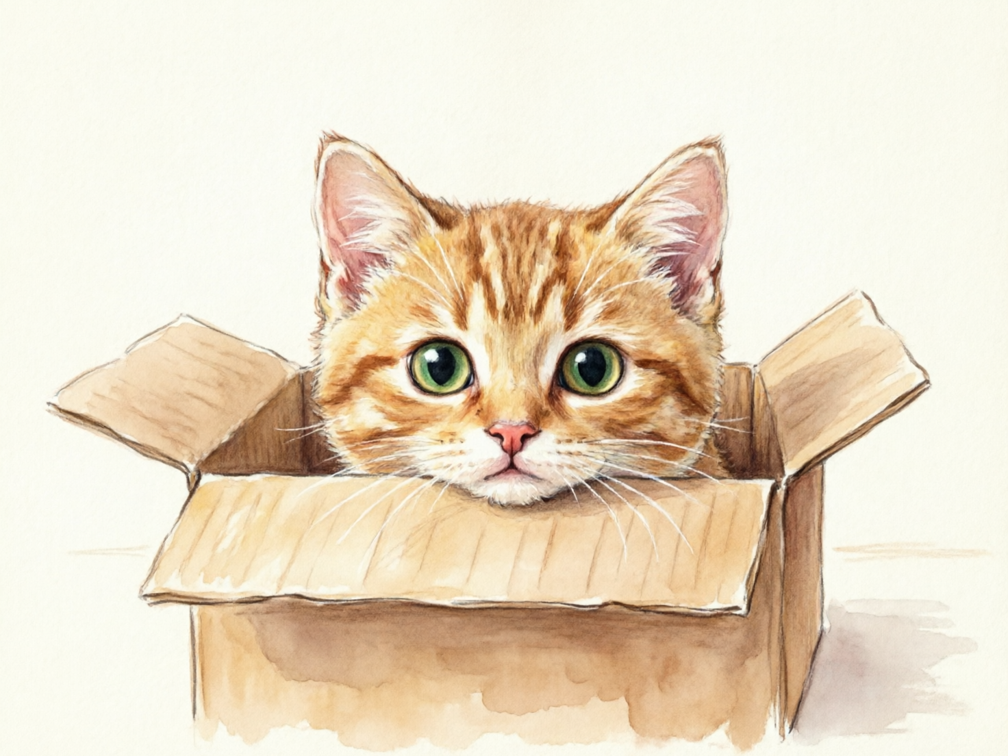 图中是一幅采用水彩画风格创作的温馨作品，背景为干净的米白色。画面中心是一只拥有橘色条纹的小猫，它正从一个浅褐色的瓦楞纸箱里探出头来。小猫有着一对大而明亮的绿色眼睛，眼神显得有些好奇和无辜，粉嫩的小鼻子下方露出一丝腼腆的表情。它的胡须细长且向两侧舒展，毛发质感细腻，笔触柔和。纸箱的边缘呈现出水彩特有的晕染效果，模拟了纸板的纹理。在 AI 生成的细节方面，可以观察到一些逻辑上的小瑕疵：纸箱左侧翻开的盖子与箱体连接处透视略显生硬，且小猫右侧的胡须似乎直接从纸箱边缘延伸出来，与面部的连接不够自然。此外，纸箱内部的阴影处理较为简单，缺乏深度的空间感，但整体构图和谐，色彩温暖。
