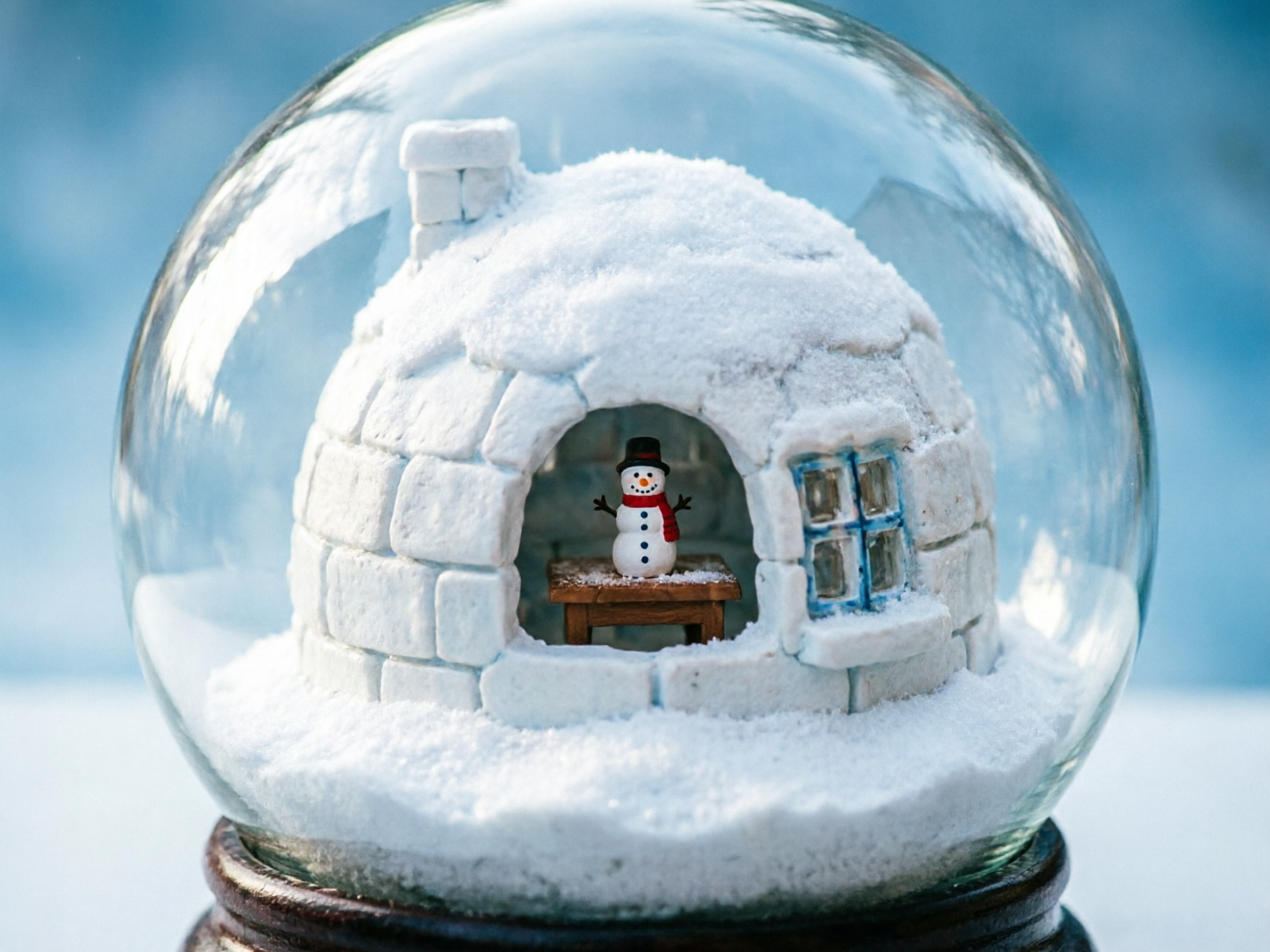 图中展示了一个精致的水晶球雪花球，球体内部是一个充满冬日气息的微缩世界。画面中心是一座由白色冰砖砌成的圆顶冰屋，屋顶覆盖着厚厚的积雪，左上方还有一个小烟囱。冰屋正门敞开，内部有一张深色木桌，桌上站着一个戴着黑色礼帽、围着红色围巾的小雪人。冰屋右侧有一扇带有蓝色边框的小窗户。整个水晶球坐落在深色的木质底座上，背景是柔和的浅蓝色虚化光影，营造出宁静、寒冷而温馨的氛围。

画面中存在明显的 AI 生成缺陷：冰屋的结构逻辑不一致，左侧烟囱的底部与屋顶结合处显得生硬且透视略有扭曲；冰屋右侧的蓝色窗户看起来像是直接贴在冰砖表面，缺乏真实的深度感和结构支撑；此外，冰屋内部的木桌比例较小，且桌腿与地面的衔接处模糊不清，缺乏重力感。这些细节揭示了图像并非真实拍摄。