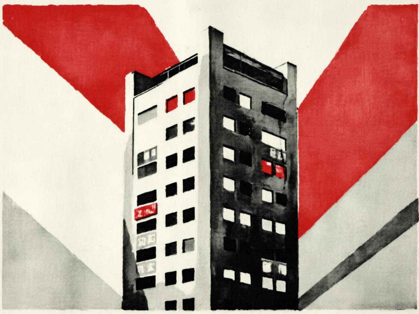 图中展示了一幅具有强烈视觉冲击力的抽象现代建筑插画。画面中心是一栋高耸的矩形公寓楼，采用极简主义的黑白对比风格，局部点缀着鲜艳的红色窗户。背景由大面积的红色、灰色和白色几何色块组成，呈现出类似 V 字形的放射状构图，增强了画面的动感。整体色调以红、黑、白、灰为主，具有版画或水墨晕染的质感。在 AI 生成的细节方面，可以观察到明显的逻辑缺陷：建筑左侧的窗户排列极不规整，部分窗格形状扭曲且大小不一，甚至出现了模糊不清的伪文字符号。此外，大楼顶部的轮廓线显得生硬且不连贯，背景色块的边缘处理也存在不自然的锯齿感和晕染溢出，体现了 AI 在处理严谨几何结构时的局限性。