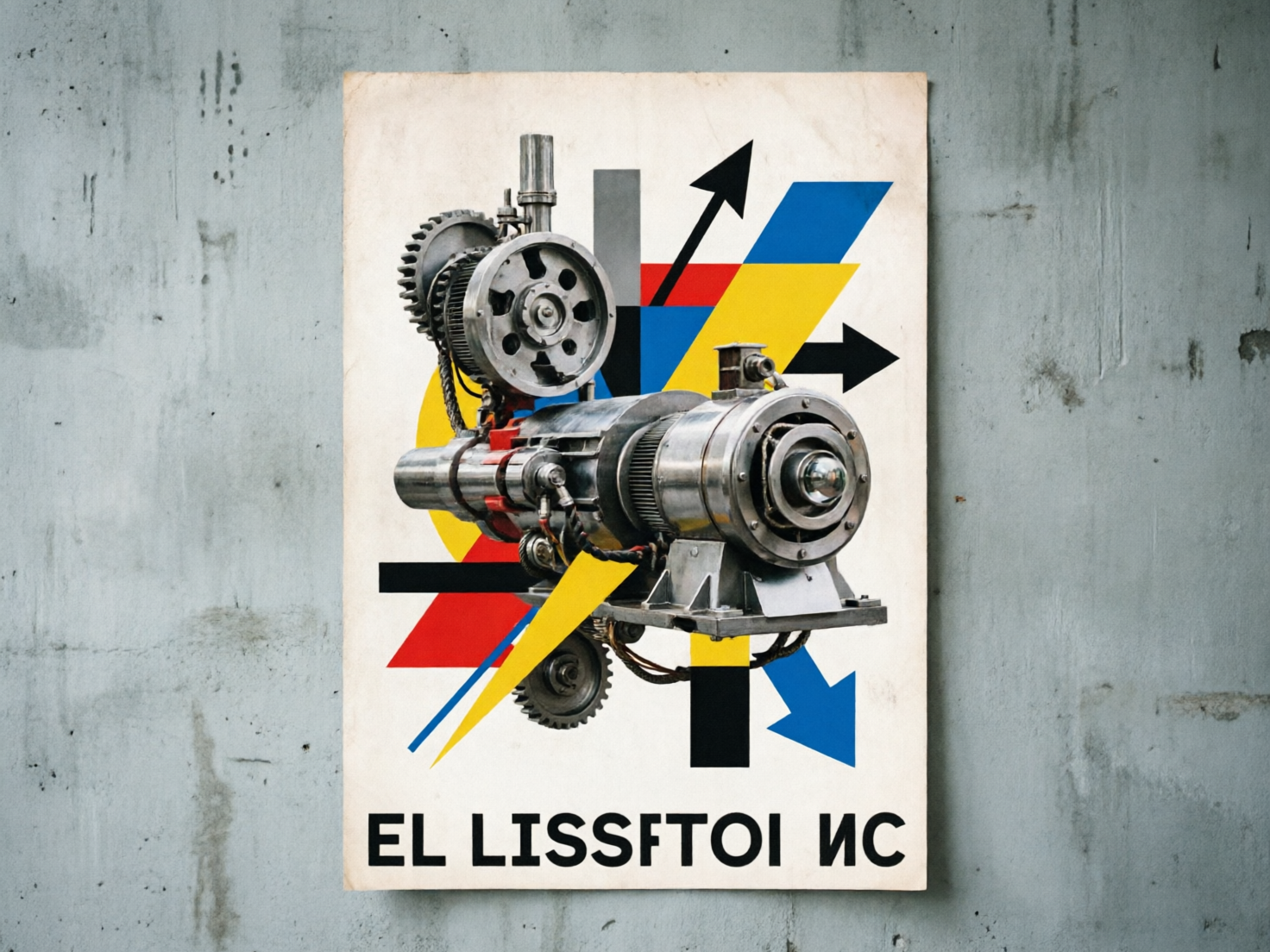 图中展示了一张张贴在斑驳灰色水泥墙上的艺术海报。海报风格深受构成主义影响，中心主体是一个复杂的银色金属机械装置，包含齿轮、活塞和类似发动机的零件，质感写实。机械背后交织着红、黄、蓝、黑、灰等色块，以及多枚指向不同方向的箭头，构图充满动感和几何美。海报底部印有黑色大写字母，似乎在致敬艺术家埃尔·利西茨基。

在 AI 生成的细节方面，画面存在明显的逻辑与拼写缺陷。首先，底部的文字「EL LISSFTOI ИC」并非真实的单词，字母组合混乱且带有错误的西里尔字母变形。其次，中间的机械结构虽然看起来精细，但零件间的连接逻辑并不符合物理常识，例如左侧的齿轮与链条悬浮连接，缺乏支撑。此外，海报边缘与墙面的贴合过于平整，缺乏自然的阴影和纸张质感，显示出数字合成的痕迹。