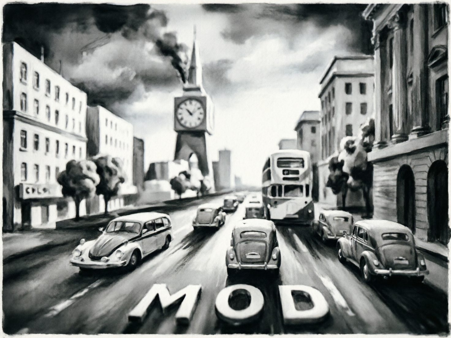 图中展现了一幅黑白素描风格的城市街景，呈现出一种怀旧且略带压抑的氛围。画面中心是一条宽阔的马路，多辆老式轿车和一辆双层巴士正向远方行驶，路面上方醒目地漂浮着巨大的白色立体字母“MOD”。街道两旁矗立着欧式建筑，左侧背景中有一座高耸的钟楼，其顶端正冒出浓浓的黑烟，遮蔽了部分天空。整幅画作采用灰阶色调，笔触带有明显的炭笔涂抹感。在 AI 生成的细节方面，存在明显的逻辑缺陷：钟楼的结构显得扭曲且比例失调，冒烟的方式不符合物理常识；路面上的车辆形状模糊，部分车轮与地面接触不自然；最右侧建筑的柱子与窗户排列显得杂乱且透视错误；此外，字母“MOD”像是直接贴在路面上而非环境的一部分，整体构图虽有纵深感，但细节处充满了不稳定的变形。