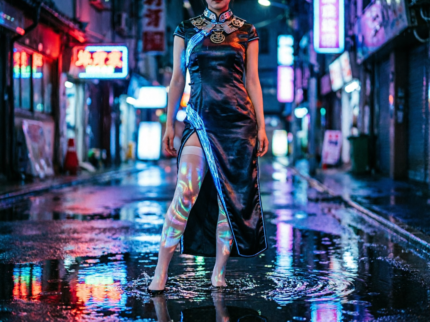 画面中展示了一位身着黑色改良旗袍的女性，正站在一条充满赛博朋克风格的雨后街道中心。旗袍融合了科技元素，领口带有金属齿轮装饰，侧边开衩处透出蓝色的发光线条。女性的双腿穿着白色丝袜，上面映射着五彩斑斓的霓虹光影。背景是极具亚洲都市感的狭窄小巷，两侧挂满了红、蓝、紫色的霓虹灯招牌，地面湿滑且布满积水，倒映着绚丽的灯光。

在 AI 生成的细节方面，存在明显的逻辑缺陷：画面中女性的左脚（画面右侧）完全消失在积水中，没有脚部轮廓，且积水泛起的波纹与腿部位置不自然。女性的双手手指显得有些僵硬和模糊，缺乏细节。背景中的霓虹灯文字多为无法辨认的乱码或扭曲的笔画，不符合真实的文字逻辑。此外，旗袍的金属装饰与布料的衔接处略显生硬，光影分布在某些边缘位置存在透视偏差。