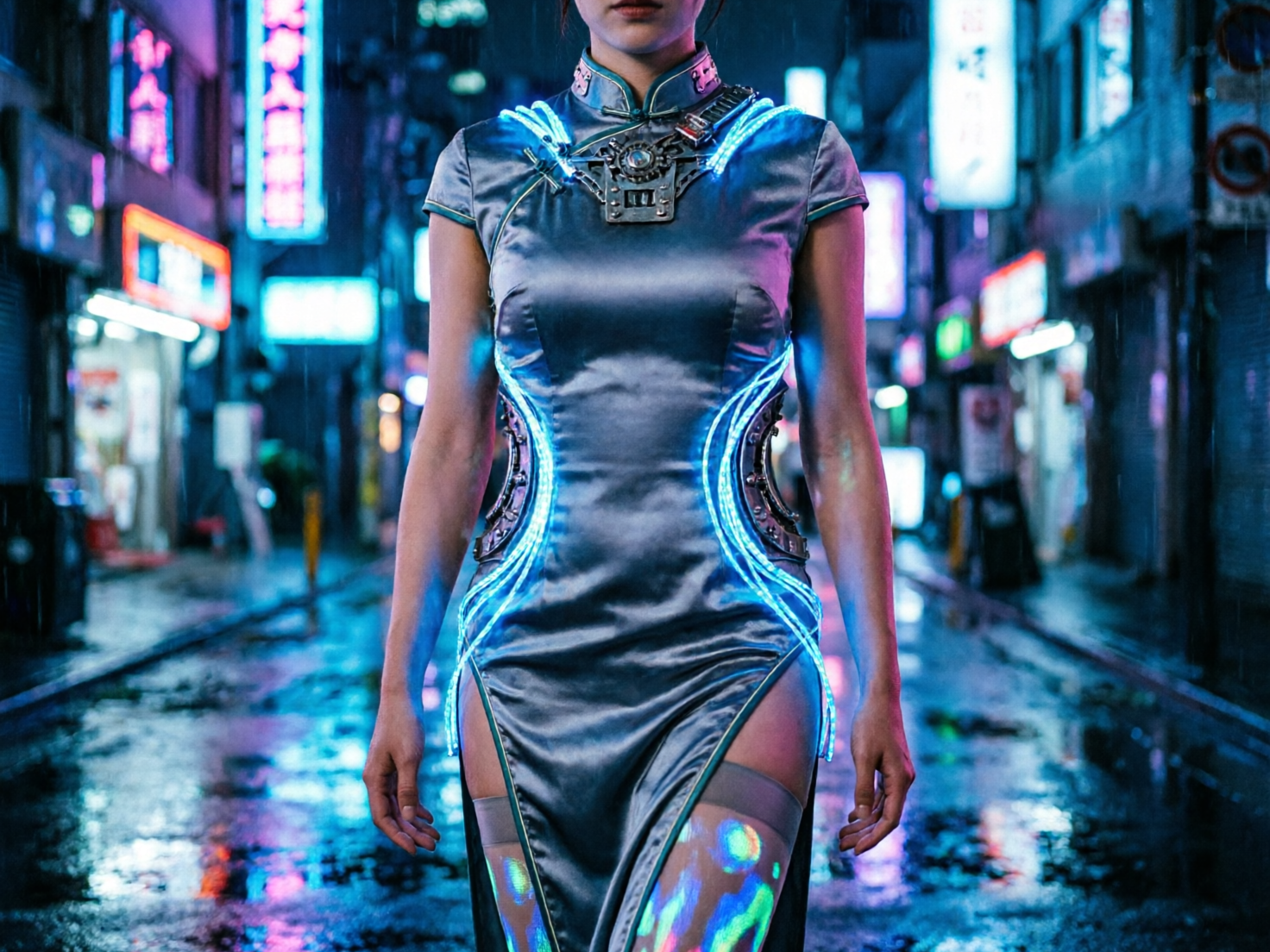 图中展现了一位身着赛博朋克风格旗袍的女性，正站在一条充满霓虹灯光的深夜街道中心。她穿着一件银灰色的绸面旗袍，领口和腰部融合了复杂的机械零件与发光的蓝色光纤线条，呈现出科技与传统的结合。背景是典型的赛博朋克都市，街道地面因降雨而湿滑，倒映着两侧密集的青蓝色和粉紫色霓虹招牌。画面构图采用中心对称，镜头聚焦在人物的躯干，头部仅露出了嘴唇部分。

在 AI 生成的细节方面，存在一些明显的逻辑缺陷：首先是人物的手部，左手（画面右侧）的手指线条模糊且比例略显僵硬，右手（画面左侧）的指尖形态不够自然。其次，背景中的霓虹灯文字多为模糊且不可辨认的乱码符号，缺乏真实的文字结构。此外，人物腿部丝袜上的彩色光斑分布过于杂乱，与环境光的反射逻辑不完全吻合，体现了典型的 AI 渲染痕迹。