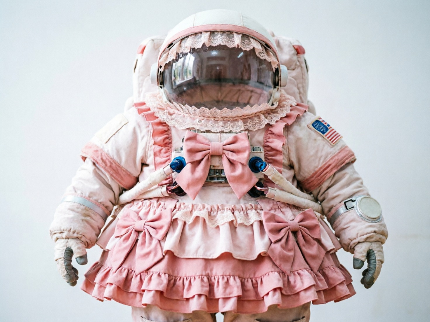 图中展示了一套极具创意且风格混搭的宇航服，背景为纯净的浅灰色，构图居中。这套宇航服将硬核的航天装备与甜美的洛丽塔（Lolita）风格相结合，整体呈现出柔和的粉色与米白色调。头盔的面罩边缘装饰着精致的粉色蕾丝花边，胸前点缀着一个巨大的粉色蝴蝶结，腰部以下则设计成了层层叠叠的褶皱裙摆，并配有两个较小的蝴蝶结。宇航服的左肩处贴有一枚美国国旗臂章。

作为 AI 生成的图像，画面存在一些明显的逻辑与细节缺陷：宇航员的手部表现异常，手指的形状模糊且数量模糊，看起来更像是粗糙的填充物而非正常的手套结构；左手手腕处的圆形金属装置透视不准确，显得有些歪斜；此外，胸部蝴蝶结两侧连接的蓝色管道与服装的衔接处缺乏真实的物理结构感，显得生硬且不合常理。整体质感虽然细腻，但在机械结构的严谨性上存在明显不足。
