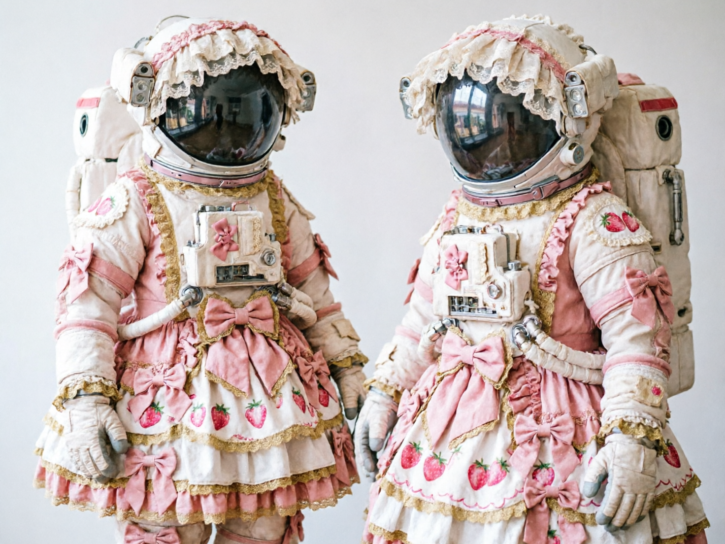 图中展示了两个并排站立的航天员，他们身着极其独特的“洛丽塔”风格航天服，背景为纯净的浅灰色。航天服以米白色和粉色为主色调，融合了大量蕾丝花边、蝴蝶结和草莓图案。头盔边缘围着一圈精致的蕾丝，胸前的生命维持装置上点缀着粉色蝴蝶结，下半身则是层叠的草莓印花蓬蓬裙，裙摆边缘带有金色花边。整体风格将硬核科技与甜美少女感奇妙地结合在一起。

作为 AI 生成的图像，画面存在明显的逻辑缺陷：首先，航天员的手套部分结构混乱，手指数量模糊且比例失调，左侧人物的左手看起来像是一团模糊的色块。其次，头盔面罩的反射影象并不自然，左右两人的反射环境似乎并不统一。此外，航天服上的管线与蕾丝裙摆的穿插关系生硬，缺乏真实的物理结构支撑，部分蝴蝶结的褶皱也显得过于平面化。