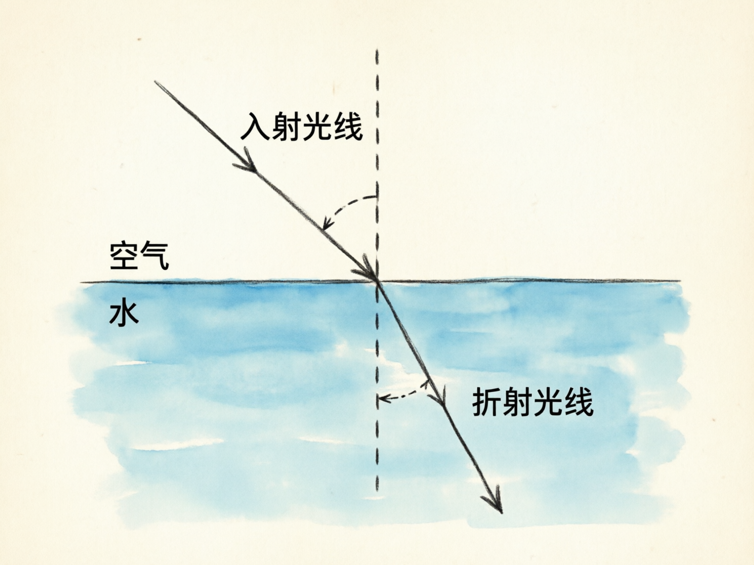 图中展示了一张手绘风格的物理光学折射原理图。画面背景为米白色纸张质感，中间有一条水平黑线将画面分为上下两部分：上方标注为“空气”，下方则是用淡蓝色水彩涂抹出的“水”面。一条带有箭头的实线从左上方斜向下射向水面，标注为“入射光线”；光线进入水中后继续向右下方延伸，标注为“折射光线”。画面中央有一条垂直的黑色虚线作为法线。

作为一张 AI 生成的示意图，画面存在明显的逻辑和科学性缺陷：首先，根据物理折射定律，光从空气进入水中时，折射光线应向法线偏折（折射角小于入射角），但图中折射光线反而远离了法线，呈现出错误的偏折方向。其次，图中用于表示角度的虚线弧形箭头指向模糊，且入射光线上的箭头出现了重复重叠。此外，文字虽然清晰，但整体线条略显抖动，水彩边缘分布不均，体现了典型的 AI 模拟手绘痕迹。