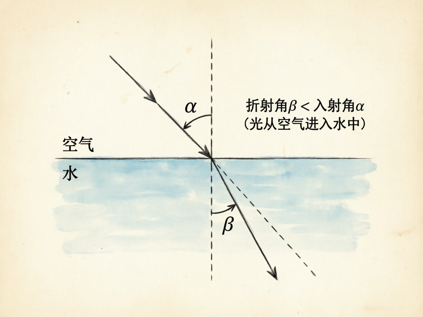 图中展示了一张模拟手绘风格的物理光学原理图，背景是带有轻微纹理的淡米色复古纸张。画面中央有一条水平黑线，将空间分为上方的“空气”和下方淡蓝色水彩涂抹的“水”。一条垂直的虚线穿过水平面作为法线。一束带有箭头的实线光从左上方斜射向水面，与法线的夹角标注为希腊字母 α；光线进入水中后向法线偏折，标注为夹角 β。右侧配有中文说明：“折射角β < 入射角α（光从空气进入水中）”。

从 AI 生成的角度看，图片存在明显的逻辑和视觉缺陷：首先，代表入射角的弧线箭头指向错误，它指向了光线本身而非夹角空间；其次，水中光线的延长线（虚线）位置偏移，没有与入射光线对齐，导致几何逻辑断裂；此外，文字“空气”和“水”的排版略显生硬，水面的蓝色色块边缘处理较为随意，缺乏真实手绘的自然过渡。
