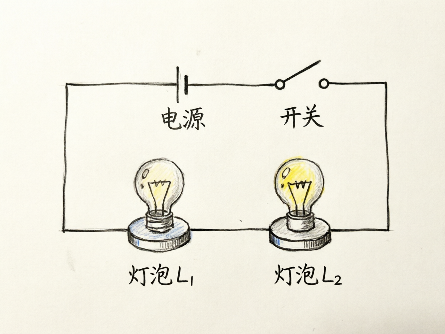 图中展示了一幅手绘风格的简单电路示意图，背景为纯净的米白色纸张感。画面中央是一个由黑色线条勾勒的长方形闭合回路，顶部排列着电源符号和处于开启状态的开关，下方串联着两个带有底座的灯泡。灯泡被标注为“灯泡 L1”和“灯泡 L2”，其中右侧的 L2 灯泡涂有淡黄色，表现出微弱的发光效果。整体色调朴素，仅在灯泡和底座处有少许黄色与蓝色的彩铅涂抹痕迹。作为 AI 生成的图片，画面存在明显的逻辑与绘图缺陷：首先，电路符号不规范，电源由一长一短三条竖线组成，而非标准的两条；其次，物理逻辑错误严重，开关目前处于断开状态，但右侧灯泡却呈现发光色，且导线直接穿过了灯泡的玻璃外壳连接到底座，而非连接在灯丝两端；此外，左侧灯泡下方的导线出现断裂，线条衔接生硬，不符合真实电路的连贯性。