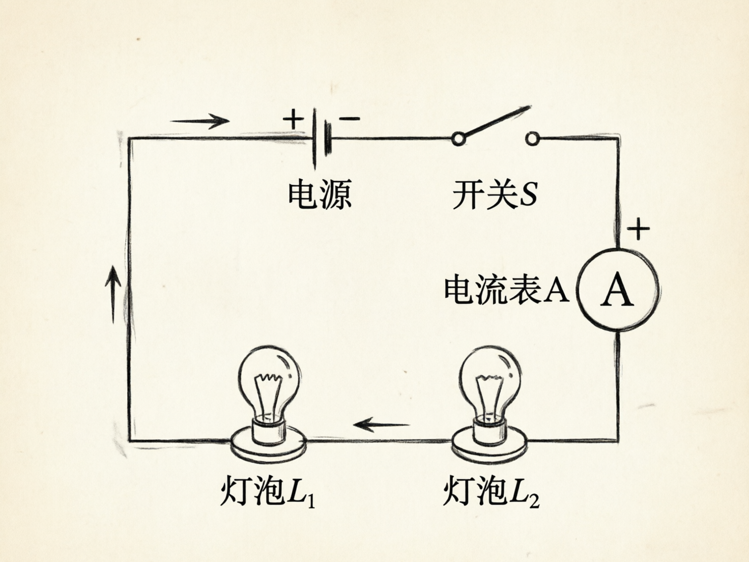 图中展示了一张手绘风格的简单物理电路图，背景为米白色的纸张质感。电路呈矩形分布，由黑色线条勾勒，主要元件包括顶部的直流电源（标有正负极和中文“电源”）、一个处于断开状态的“开关S”、右侧圆圈内的“电流表A”，以及底部的两个并联或串联示意灯泡，分别标注为“灯泡L1”和“灯泡L2”。画面中还用黑色箭头标出了电流的方向。

作为一张 AI 生成的图片，图中存在明显的逻辑和绘图缺陷：首先，电路的连接方式存在物理错误，导线直接穿过了灯泡的玻璃外壳而非连接在灯座上；其次，电流表正负极的标注位置与常规电路逻辑不符；此外，线条在转角处有明显的重叠和毛刺感，部分文字如“L1”和“L2”的下标字体略显生硬。整体构图虽然清晰，但不符合严谨的科学教学规范。