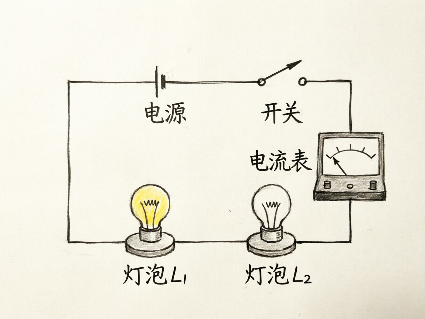 图中展示了一幅手绘风格的物理电路图，背景为纯净的浅米色纸张感。电路呈矩形分布，由黑色线条连接各个元件。上方排列着电源符号和处于断开状态的开关；下方并联或串联着两个灯泡，分别标注为“灯泡 L1”和“灯泡 L2”；右侧连接着一个带有指针刻度的电流表。画面色彩简单，仅在左侧的灯泡 L1 处涂抹了淡淡的黄色以表示发光，其余部分均为黑白素描。

这张 AI 生成的图片存在明显的逻辑与物理常识缺陷：首先，电路中的开关目前处于向上翘起的断开状态，形成开路，但左侧的灯泡 L1 却违反物理定律地亮着黄光；其次，电路的连接逻辑混乱，电流表直接串联在主干路上，且导线穿过了电流表的表盘背景，透视关系不合理；此外，文字虽然清晰，但“灯泡”二字的笔画略显生硬，右侧电流表的接线柱位置模糊，缺乏实际的电路闭合逻辑。