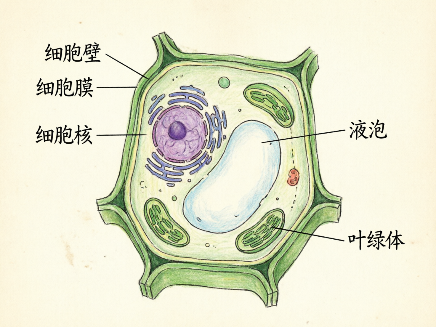 画面中展示了一幅手绘风格的植物细胞结构示意图，背景为米白色的复古纸张质感。细胞整体呈不规则的六边形，最外层是厚实的绿色细胞壁，紧贴其内的是一层细薄的细胞膜。图像中心偏左位置有一个紫色的圆形细胞核，被蓝紫色的内质网环绕；中心偏右是一个巨大的淡蓝色液泡。细胞质中还散布着三个绿色的椭圆形叶绿体。画面左右两侧带有中文标注，指向对应的细胞结构。

作为 AI 生成的图像，图中存在明显的逻辑和细节缺陷：首先，文字标注存在严重错误，左侧的“细胞壁”和“细胞膜”指示线位置颠倒，且“细胞核”的指示线并未准确指向核中心；右侧“叶绿体”的指示线指向了两个不同的叶绿体，显得杂乱。其次，细胞壁的透视关系不统一，底部呈现出厚度感，而顶部则像平面线条。此外，画面中还出现了一些不明意义的散乱圆点和虚线，缺乏严谨的科学性。
